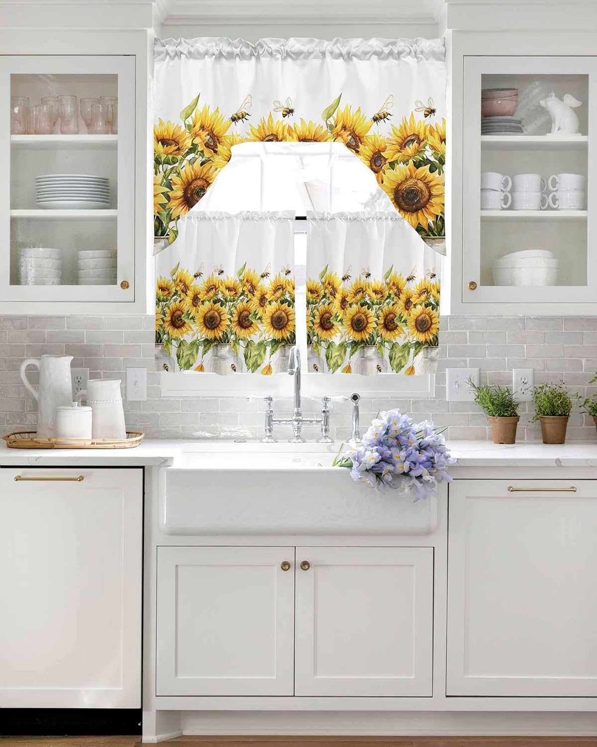 Sunflower Bee Kitchen Curtains Sets 24 Inch Length with Valance, Watercolor Yellow White Summer Spring Swag Valances and Tiers Curtain Set Drapes Swag Curtains for Living Room, Bathroom, Bedroom, Cafe