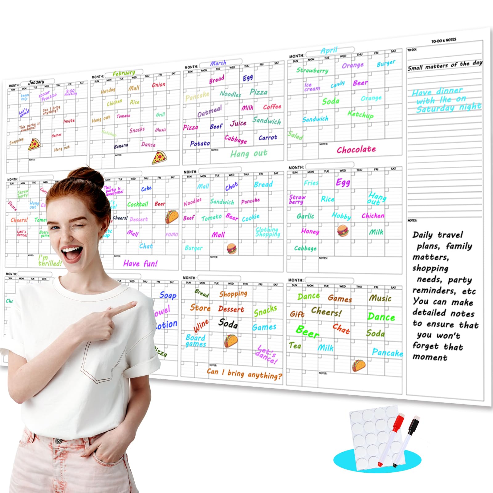 Calendario da parete cancellabile a secco, grande, cancellabile a secco, 86,4 x 147,3 cm, 12 mesi non datato