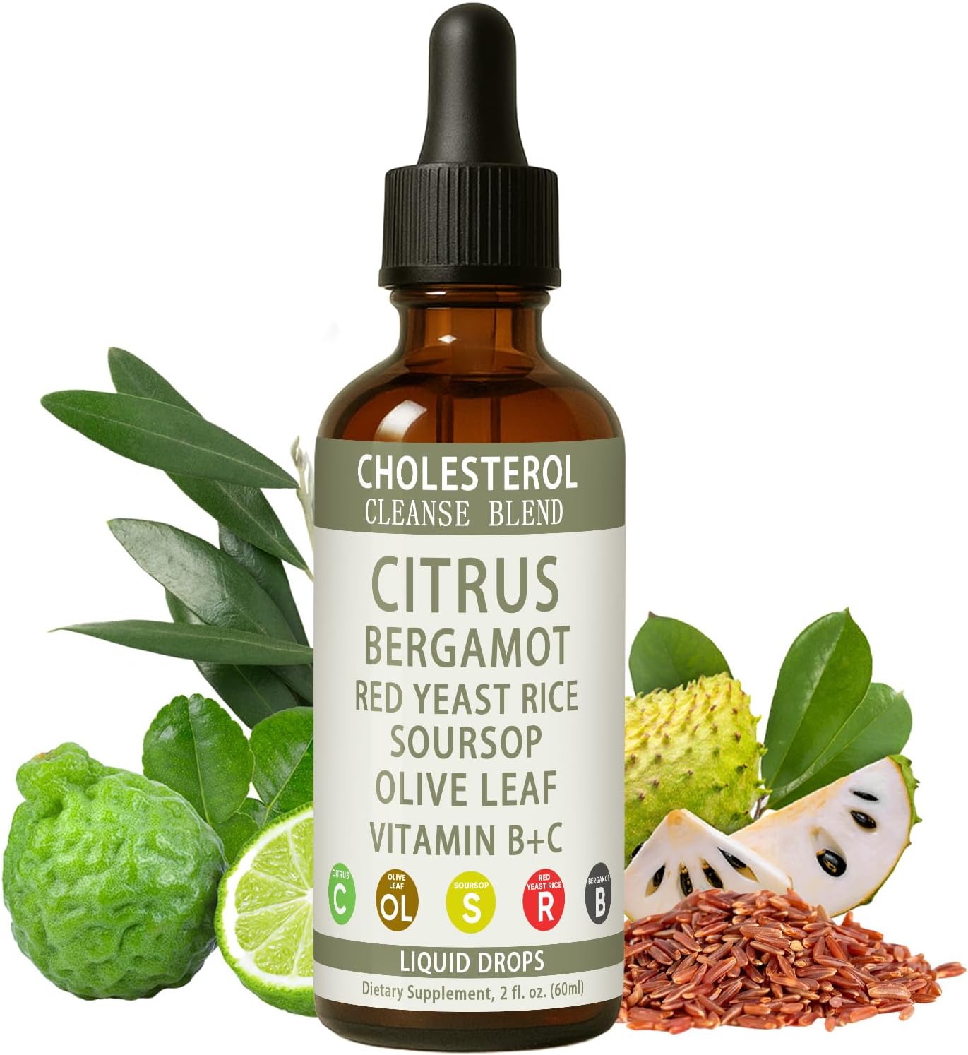 Red Yeast Rice Drops - Cholesterol Support Blend with Citrus, Bergamot, Red Yeast Rice, Soursop, Olive Leaf, Vitamin B+C, Natural, Non-GMO, Vegan, Dietary Supplement, 2 fl. oz (60ml)