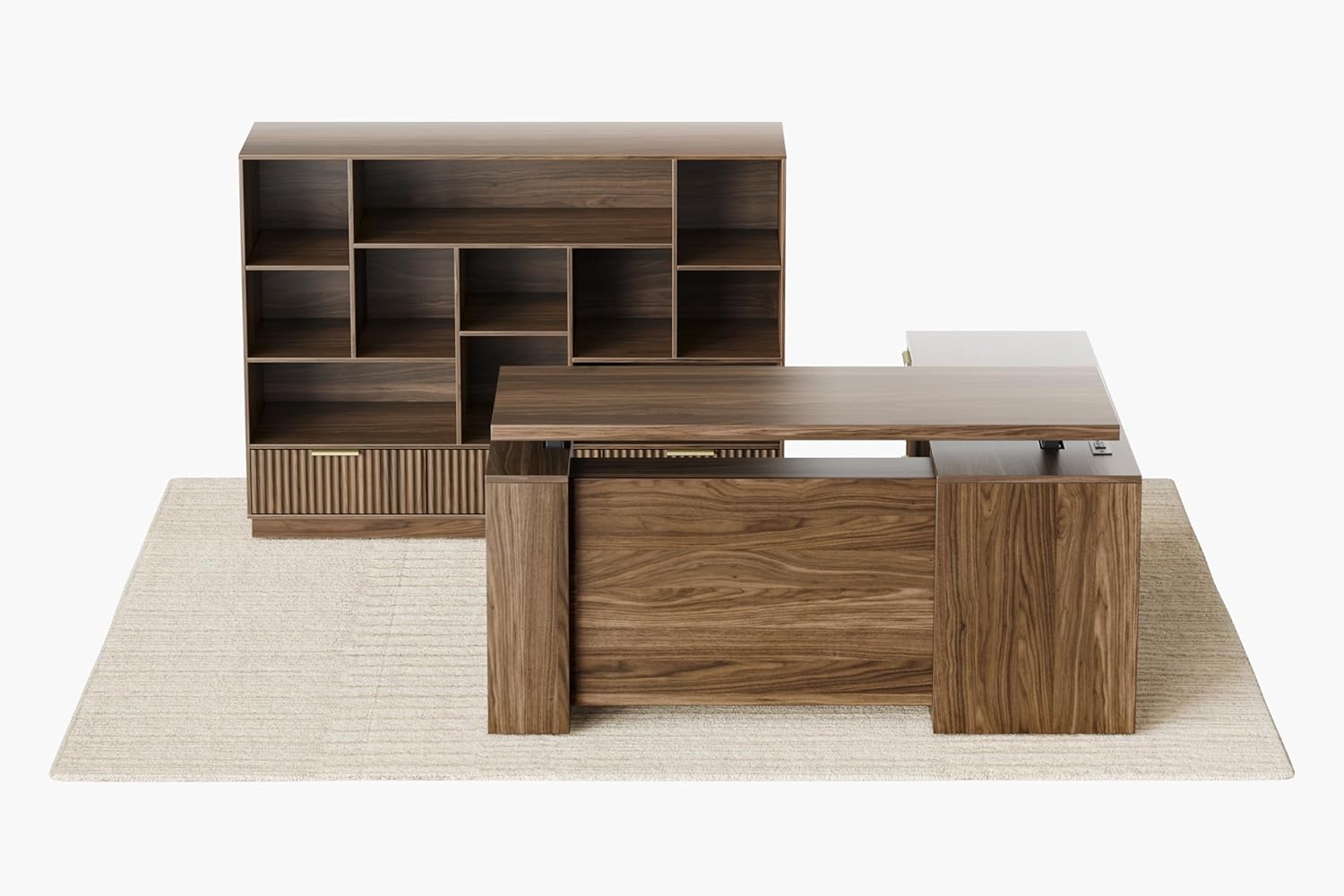 Home Office Furniture Set, 63'' L Shaped Standing Desk with 44'' Bookshelf, Electric Height Adjustable Desk with File Cabinet, AC/USB and Bookcase with 3 Drawers, Fluted Black Walnut