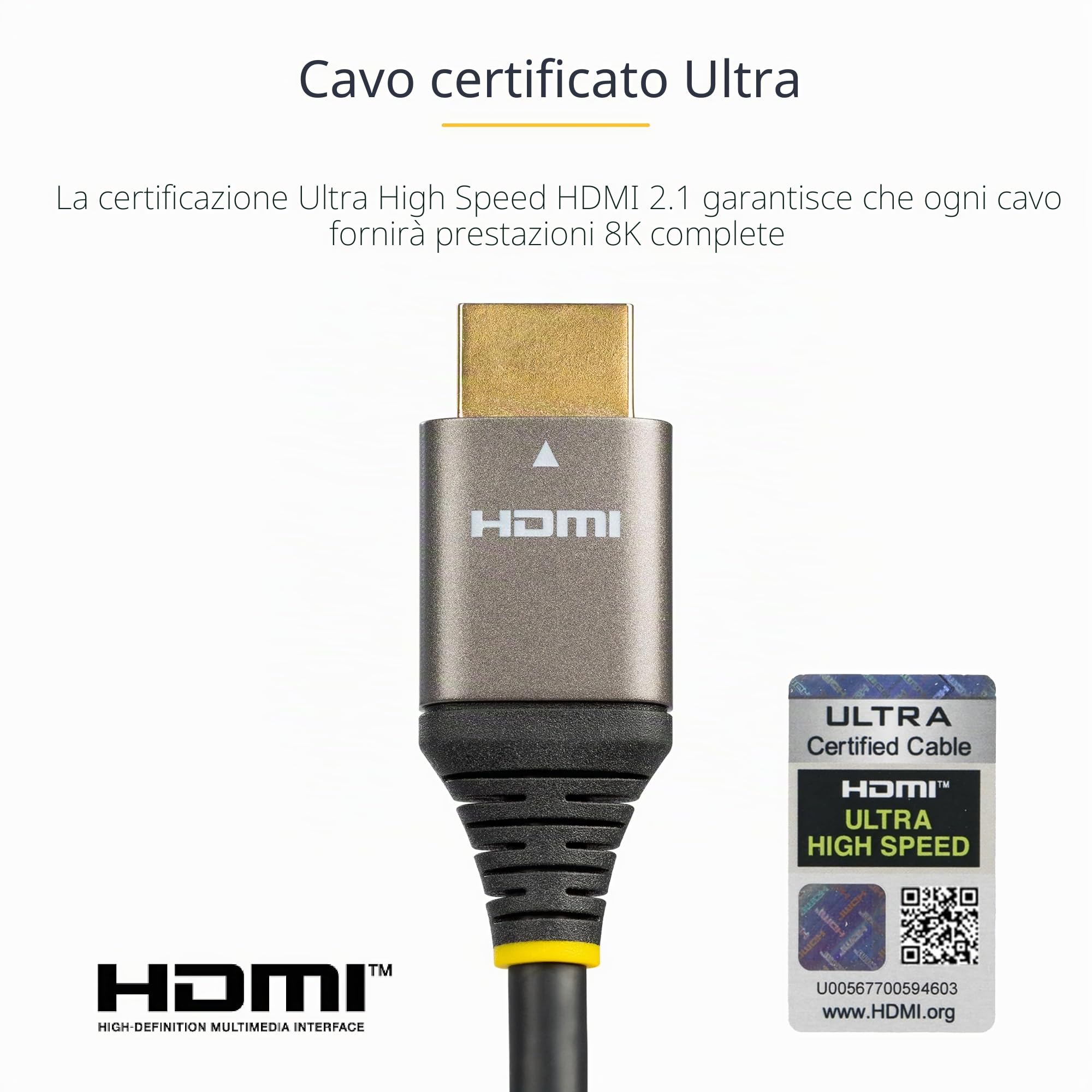 StarTech Cavo HDMI 2.1 Certificato da 5m, 8K 60Hz, 48Gbps, HDR10+ eARC | Rivestimento TPE flessibile, Ideale per Monitor, TV e Display