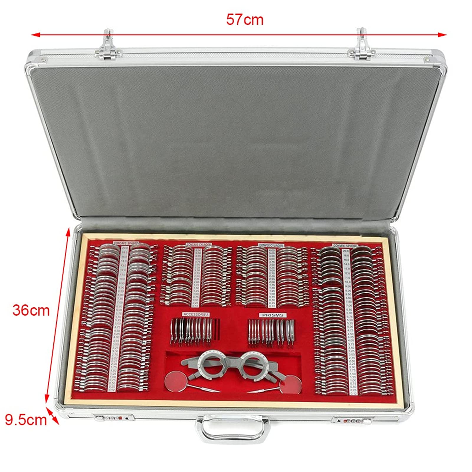 Juego de Lentes ópticos de Prueba 266PCS, Kit de optometría de Borde metálico con Marco de optometría y Estuche de Aluminio, Juego de Accesorios de protección Ocular para escuelas