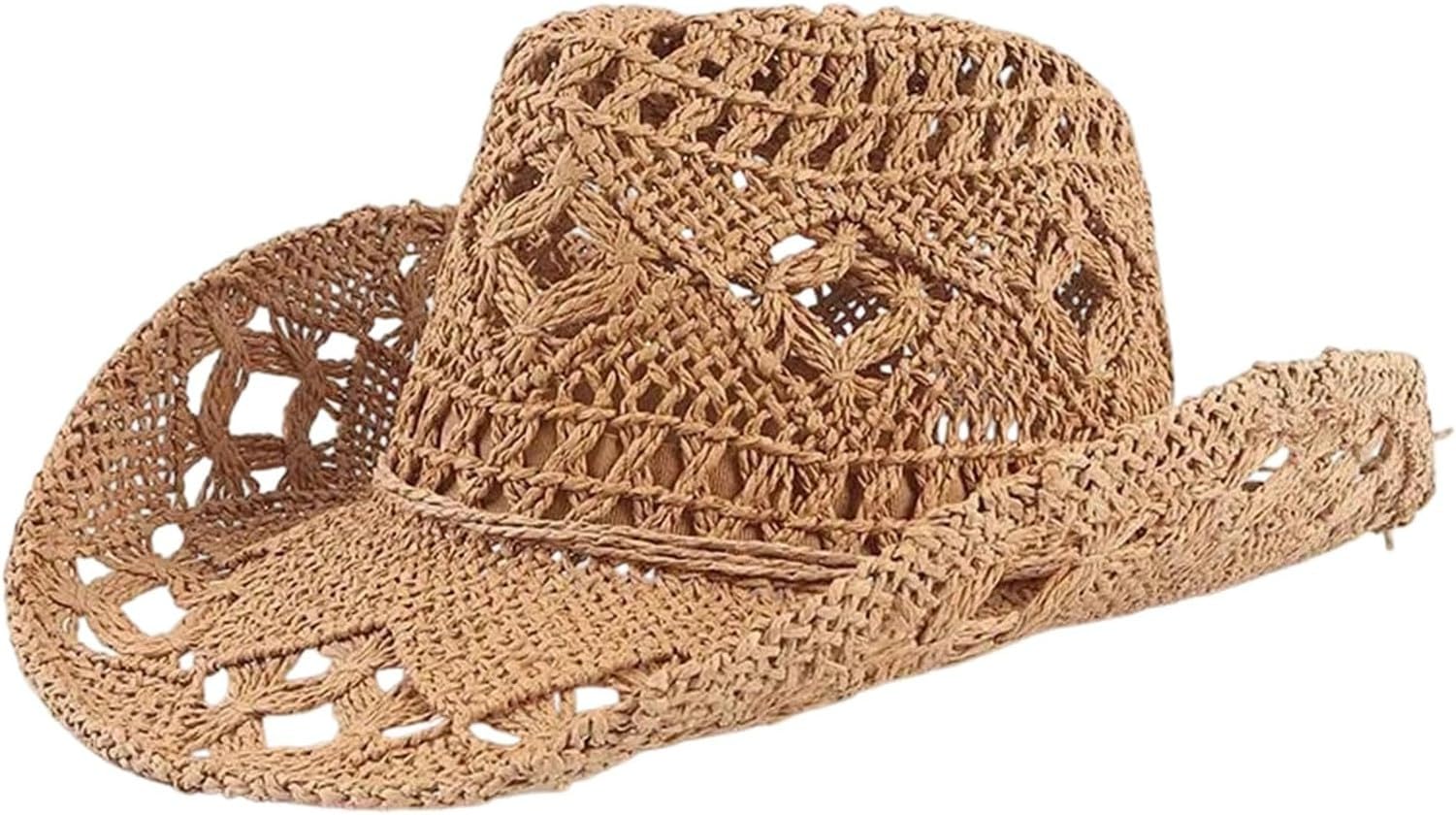 GYFGRTQ Hand-Woven Wide Brim Straw Cowboy Hat, Breathable Jazz Panama Cap for Beach Travel, Kq