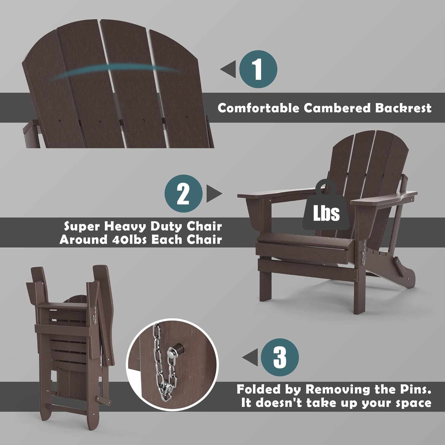 TORVA Folding Adirondack Chair,Fire Pit Chair,Patio Outdoor Chairs All-Weather Proof HDPE Resin for BBQ Beach Deck Garden Lawn Backyard(Brown Color)