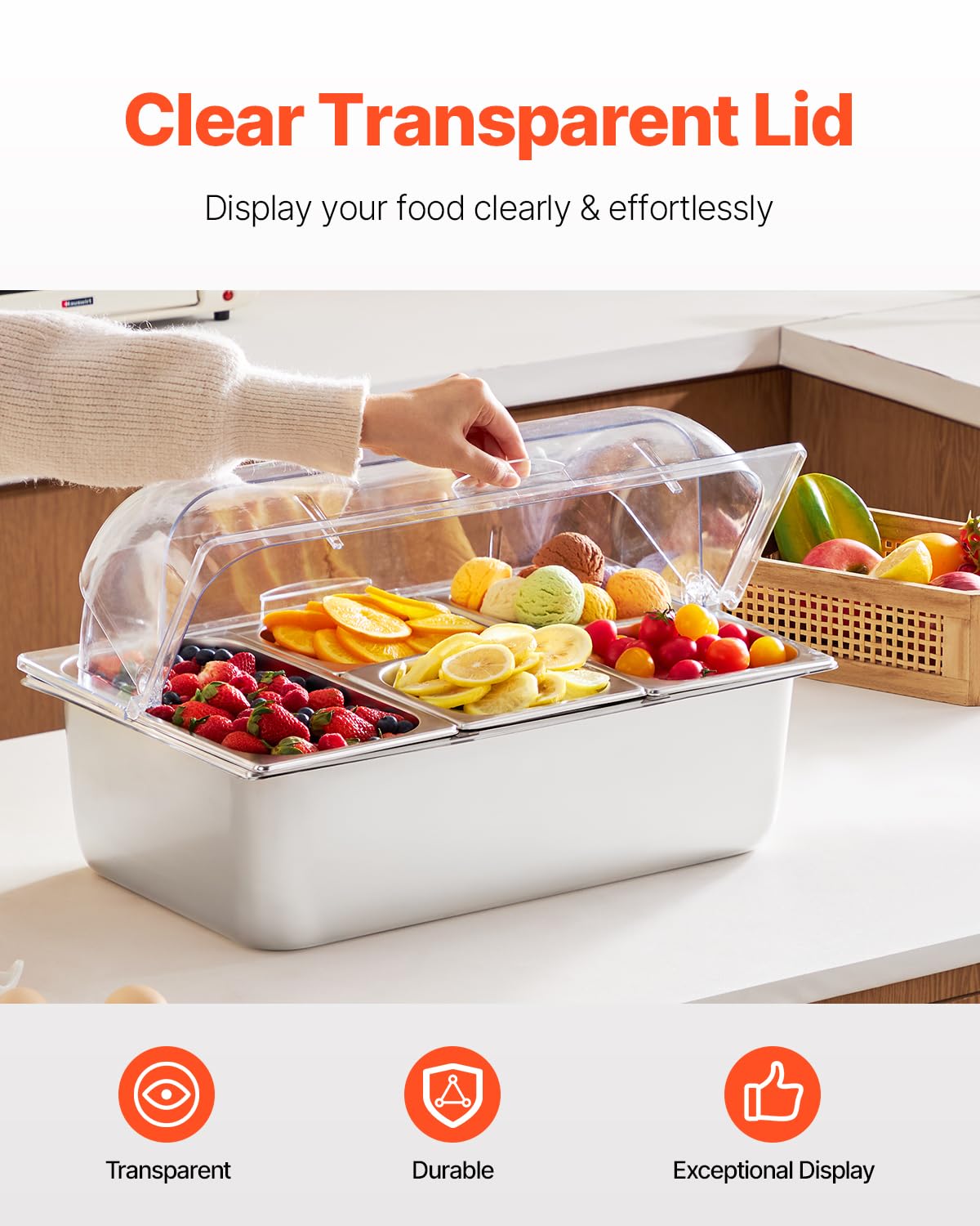 VEVOR Saladette Réfrigérée à Poser avec 5 Plateaux de Service en Acier Inoxydable, Vitrine Réfrigérée Comptoir avec Couvercles Transparents et 3 Bacs à Glaçons, pour Restaurant Hôtel Cuisine Fête