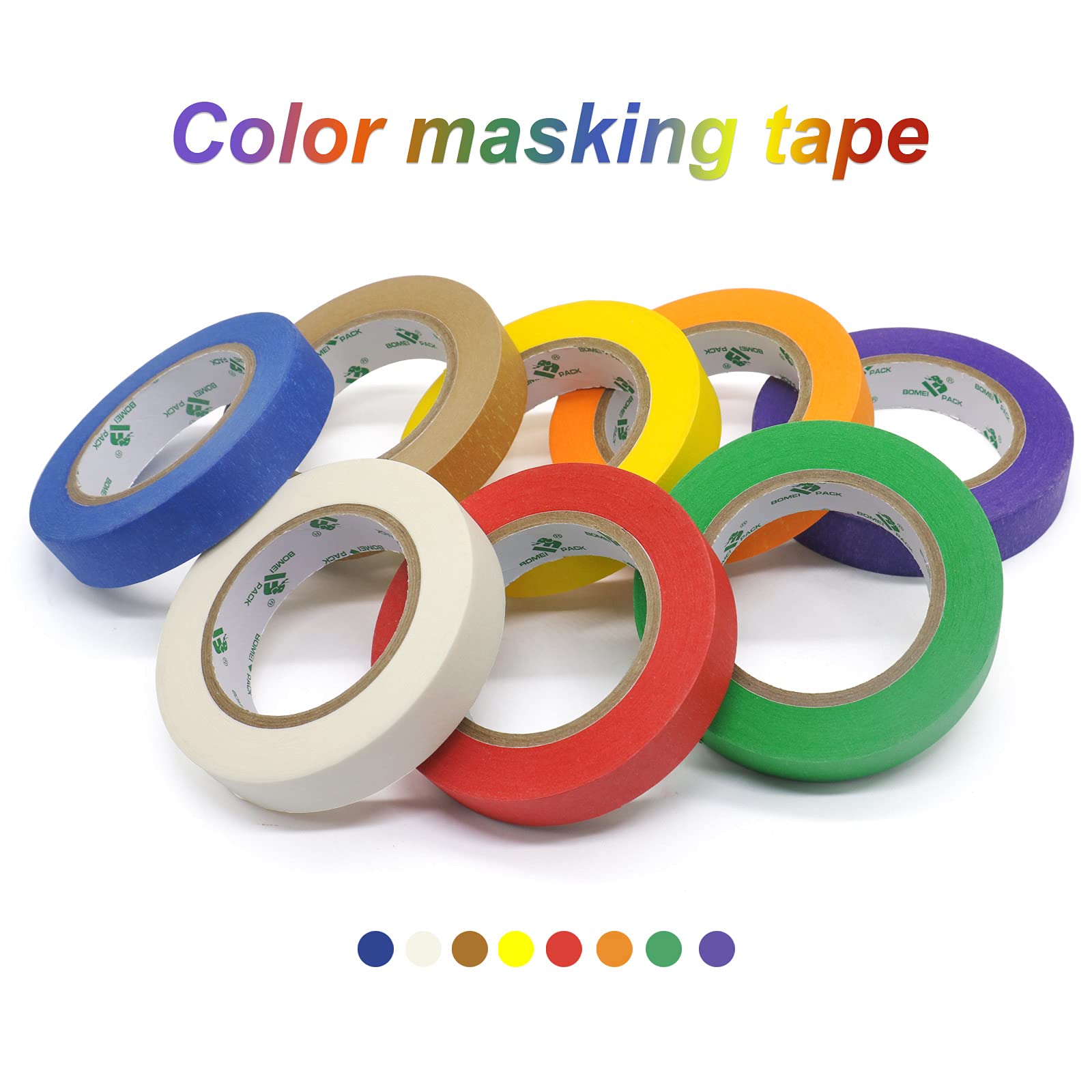 BOMEI PACK Lot de 8 rubans de masquage pour peintres - 24 mm x 50 m - Couleur arc-en-ciel