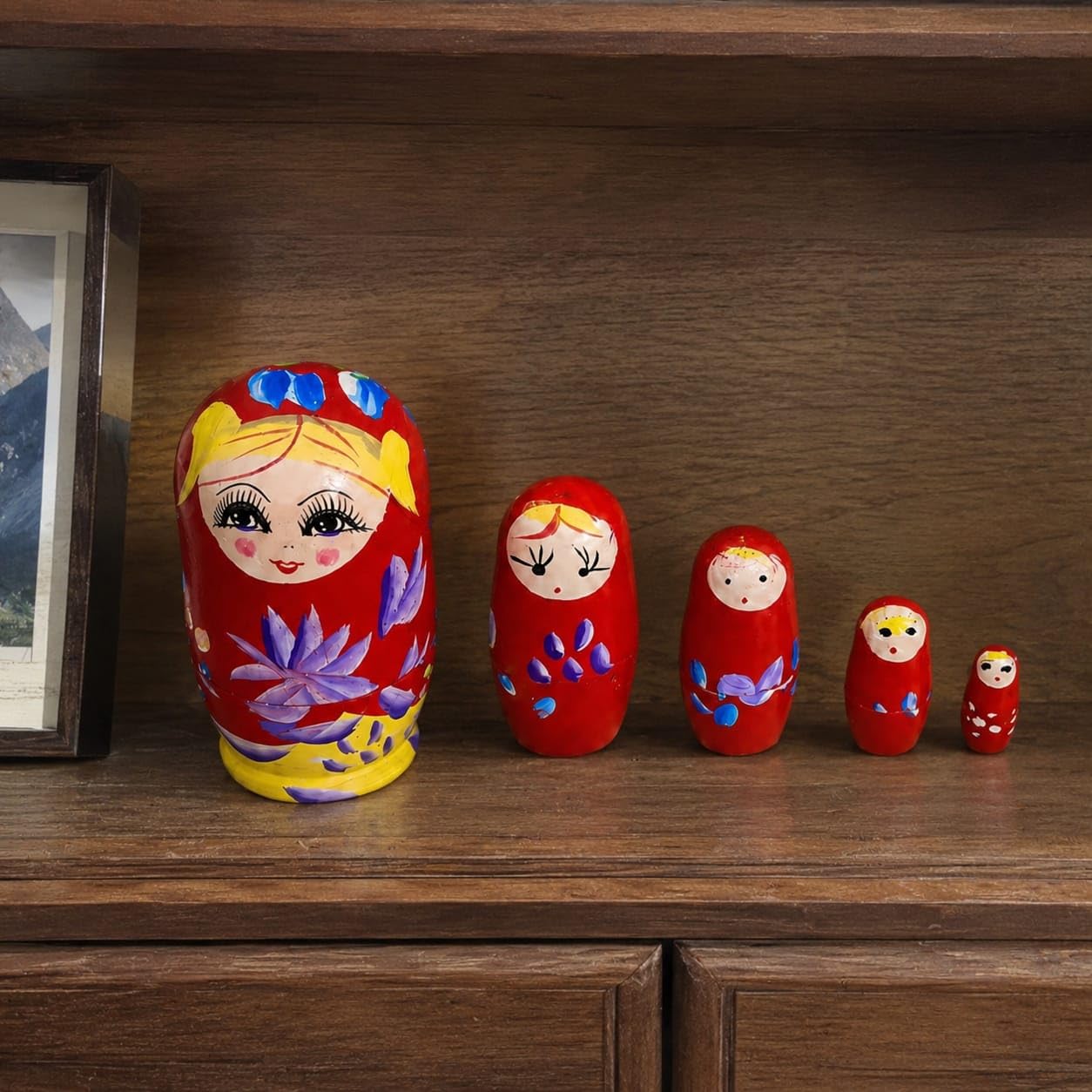 Russian Nesting Doll Matryoshka Set of 5 Handcrafted Wood | Hand-Painted Floral Art, Vibrant Red Design, Stackable Dolls, Decorative Collectible, All Ages-image-13