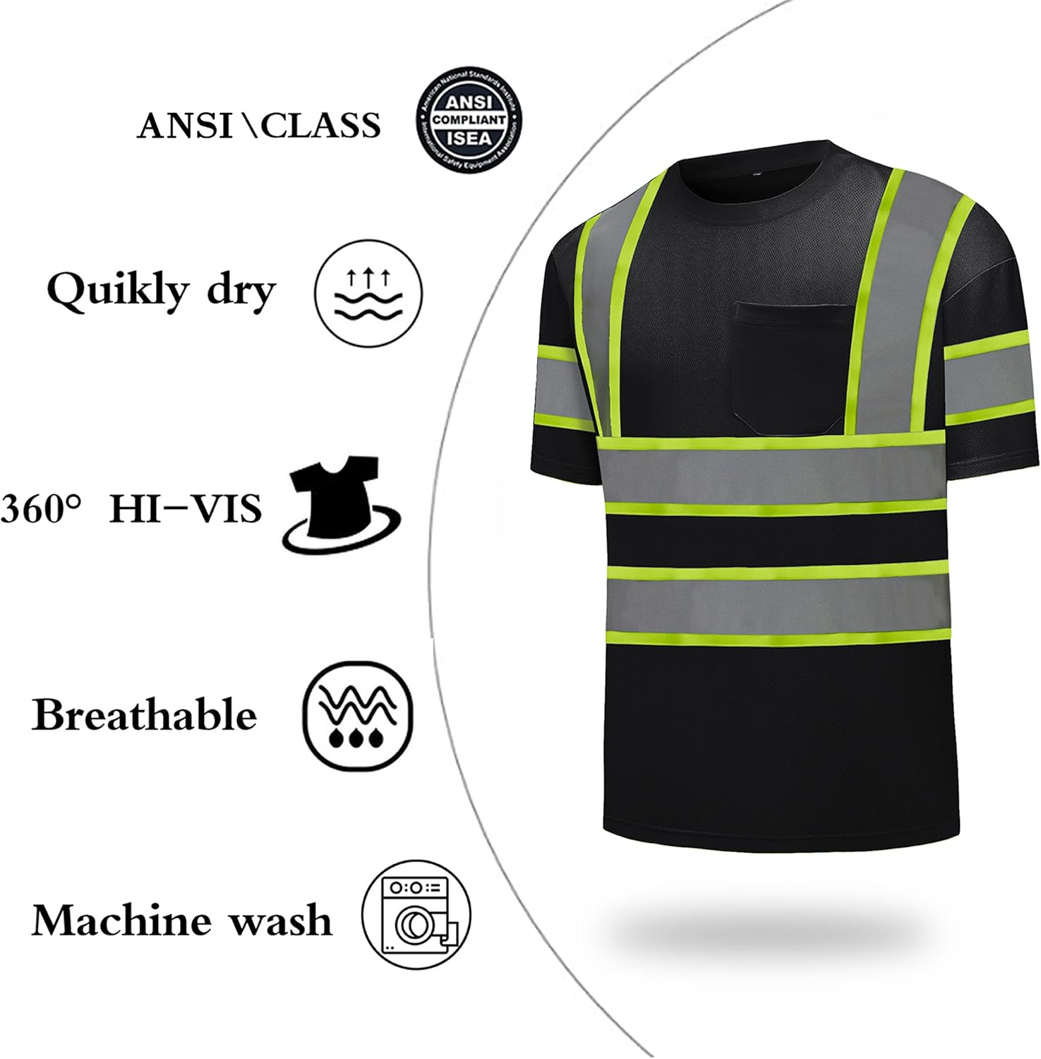 Hi Vis Safety Shirts，High Visibility T Shirts with Reflective Strips and Pocket, Quick Dry Mesh Construction Work Shirt for Men/Women Black 3pk Medium