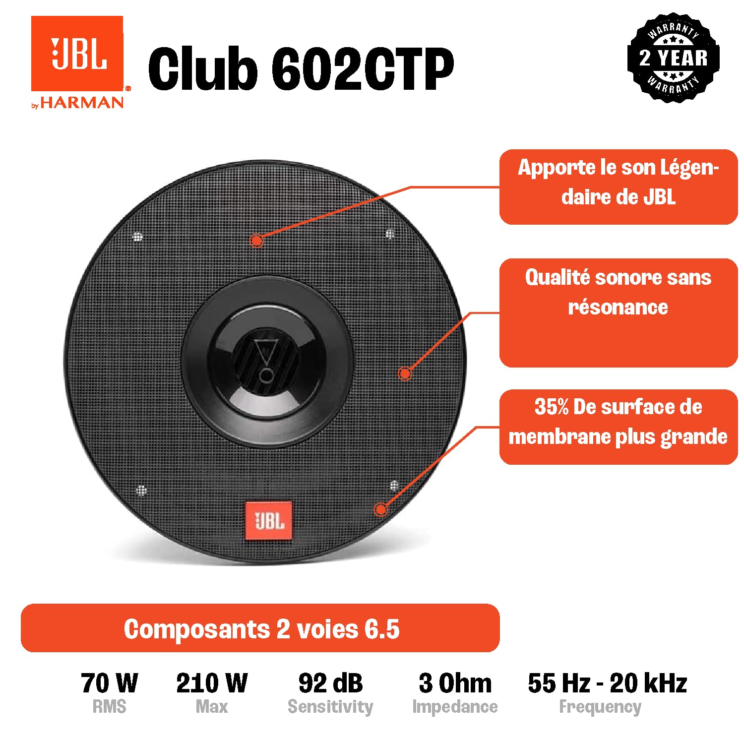 JBL Club 602CTP Système haut parleur voiture à 2 voies de Harman Kardon - Ensemble d' enceinte à composants de 210 watts, 16 - 17 cm, hauts parleurs d'aigus et filtres