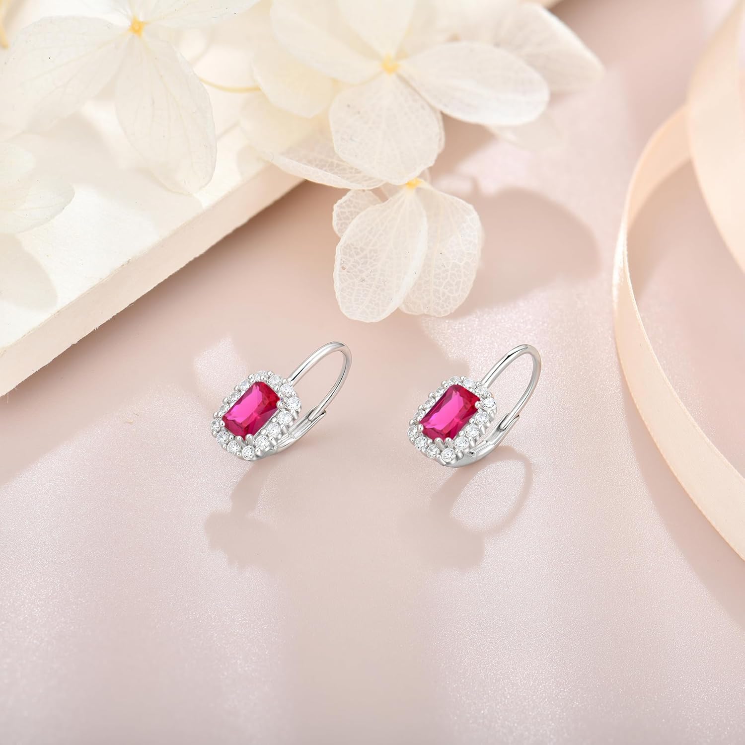 Rectangle Birthstone Earring for Women Cubic Zirconia Halo Drop Earrings, 925 Sterling Silver Emerald Cut Dainty Women's Jewelry Gift - Image 5