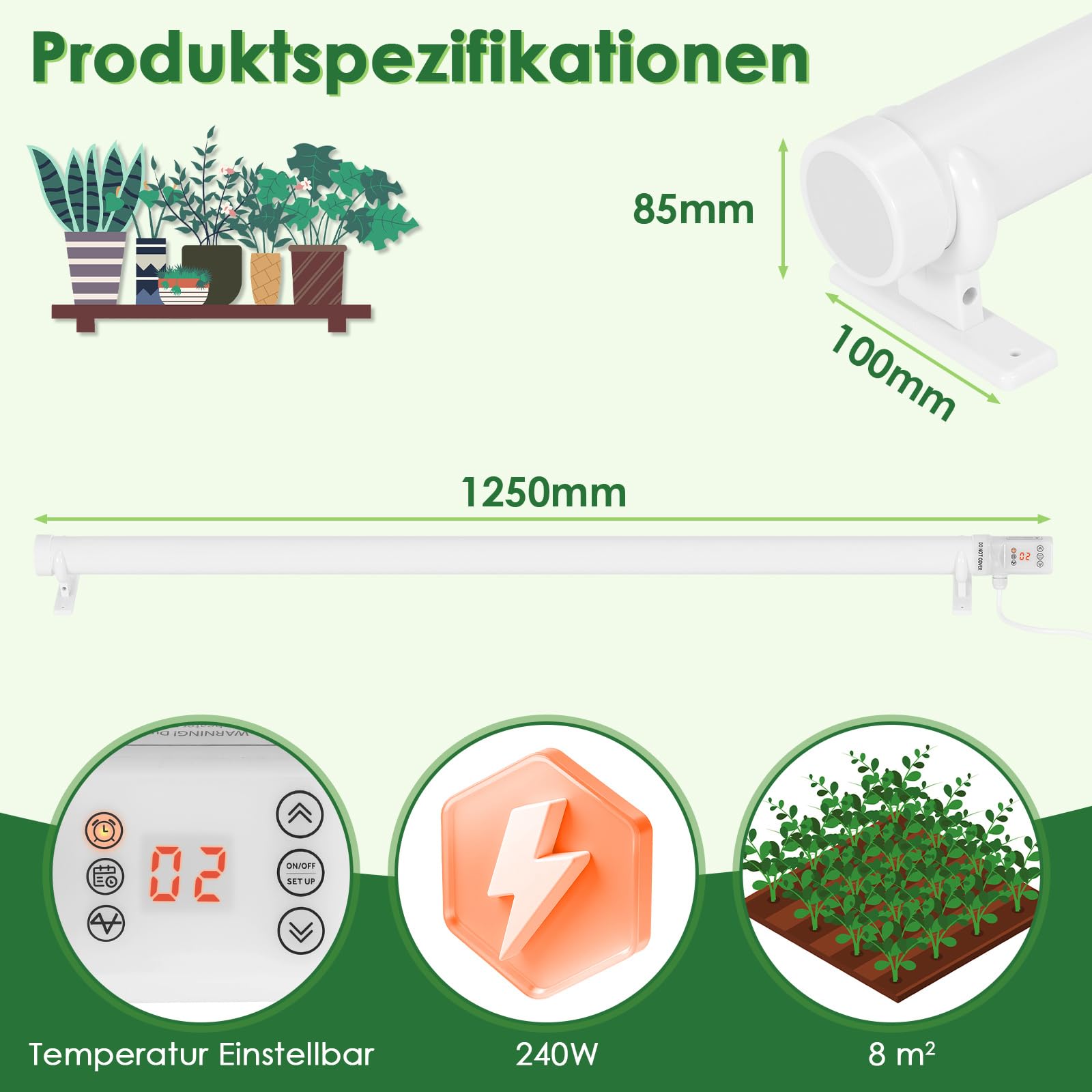Riscaldamento per serra, 240 W, con timer, 125 cm, protezione antigelo per