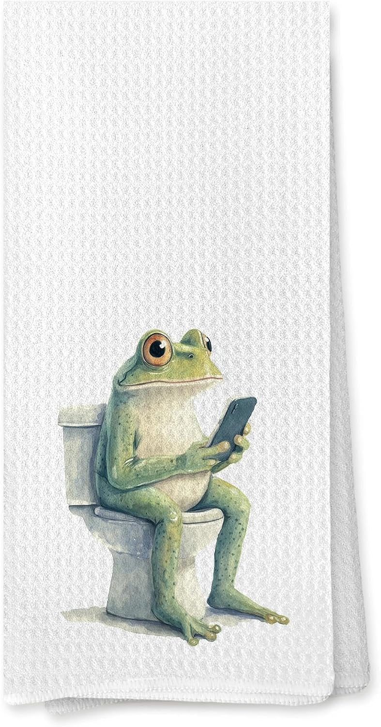 Funny Frog Bathroom Hand Towels, Kids Bathroom Decor, Frog Sitting on the Toilet Animal Humor Decorative Hand Towels for Washroom Restroom, 16x24 Inches Dish Cloths & Dish Towels