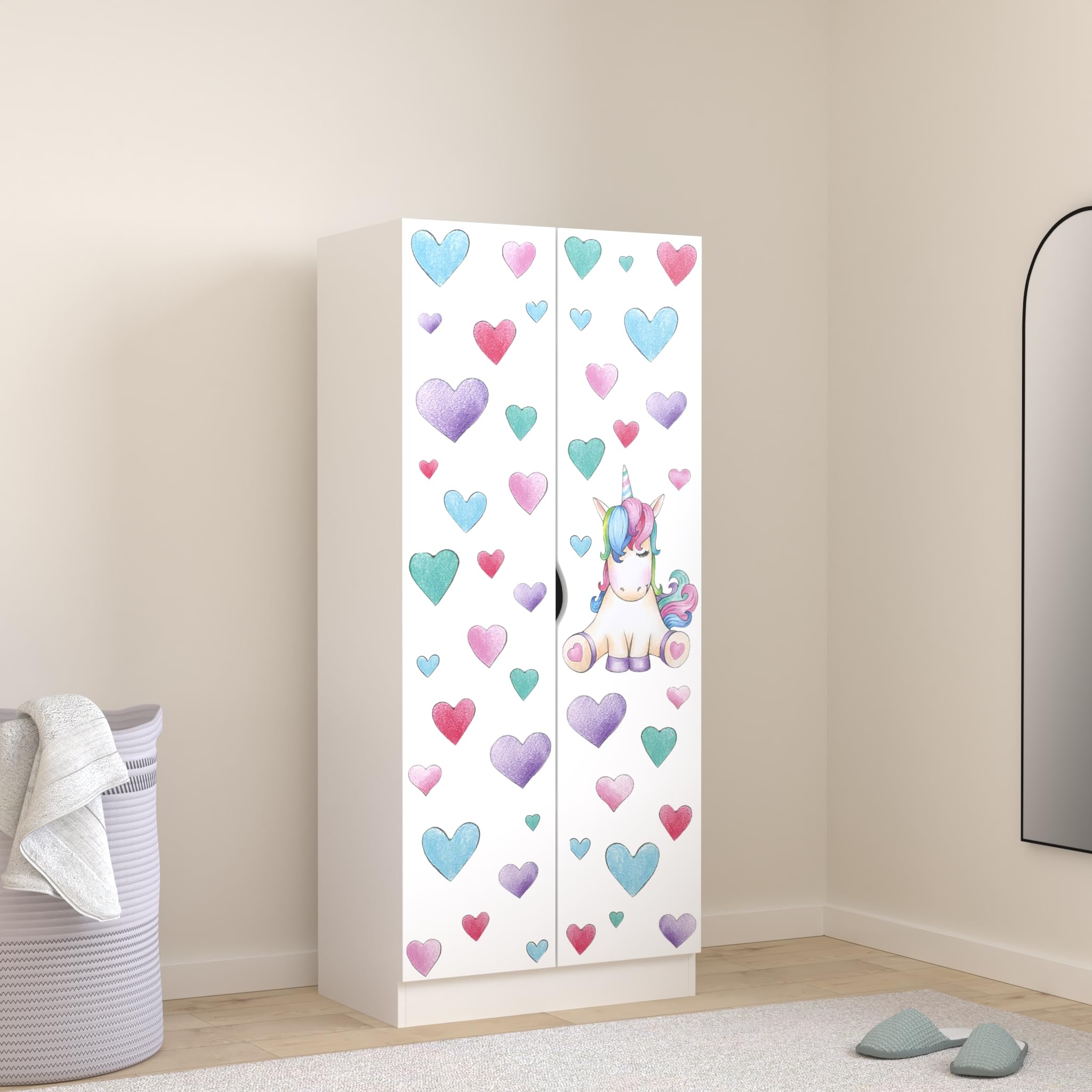 Leomark Weiß zweitüriger Kleiderschrank - Roma - funktionaler Schwebetürenschrank, Dim: 70 x 42,5 x 161,5 (H) cm, Schrank, Möbel für Kinder, UV-Druck: Unicorn