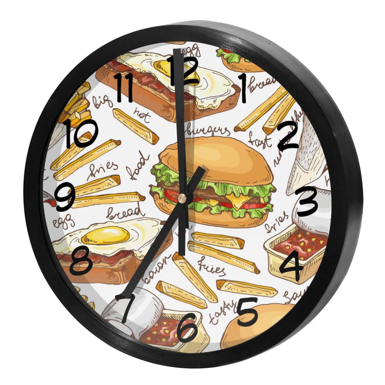 Horloge murale silencieuse pour école et cuisine pendule ronde à piles motif pain et frites