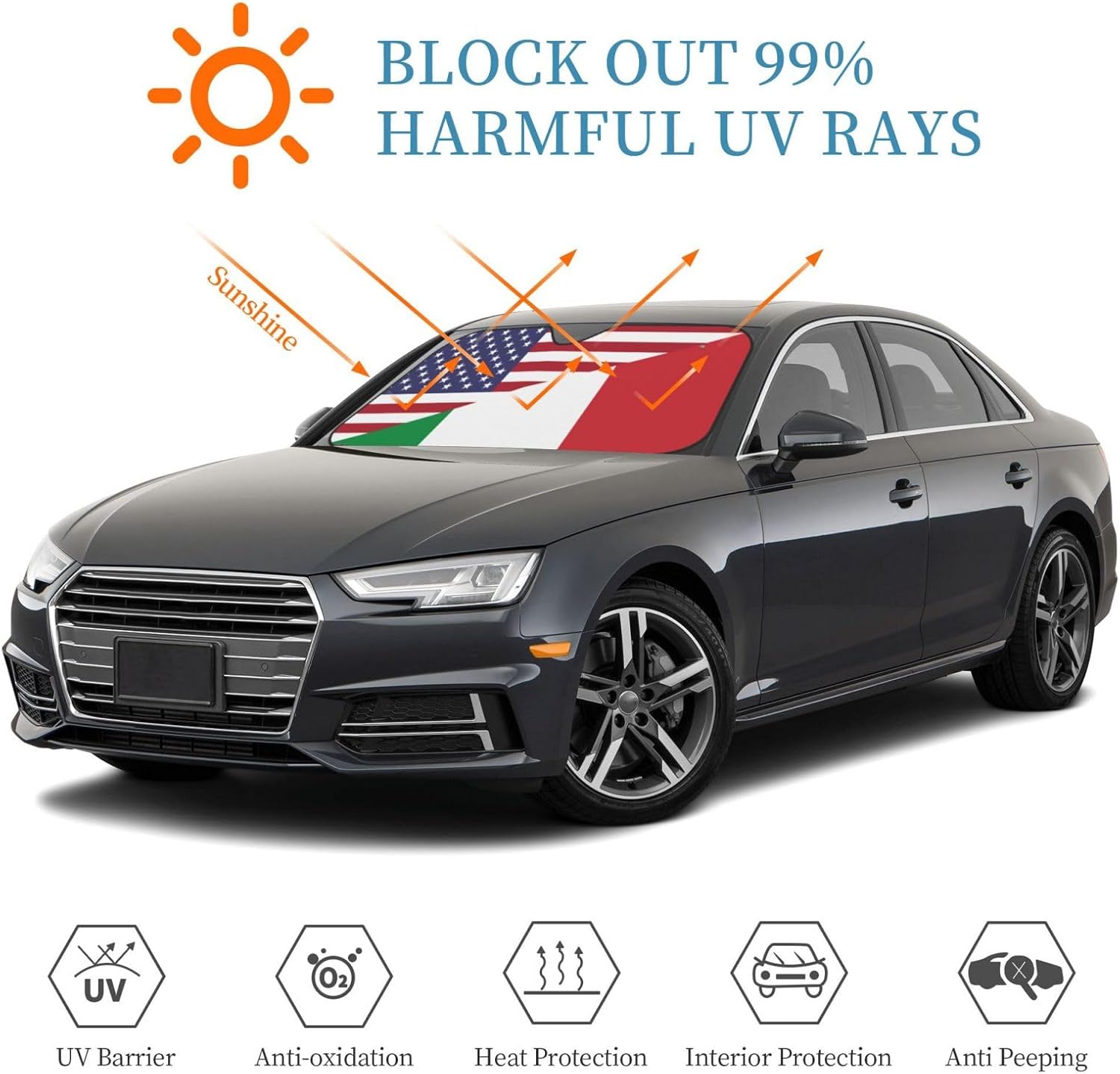 America Italy Friendship Flag Foldable Car Windshield Sunshade Blocks Heat and Sun Glare Uv Rays
