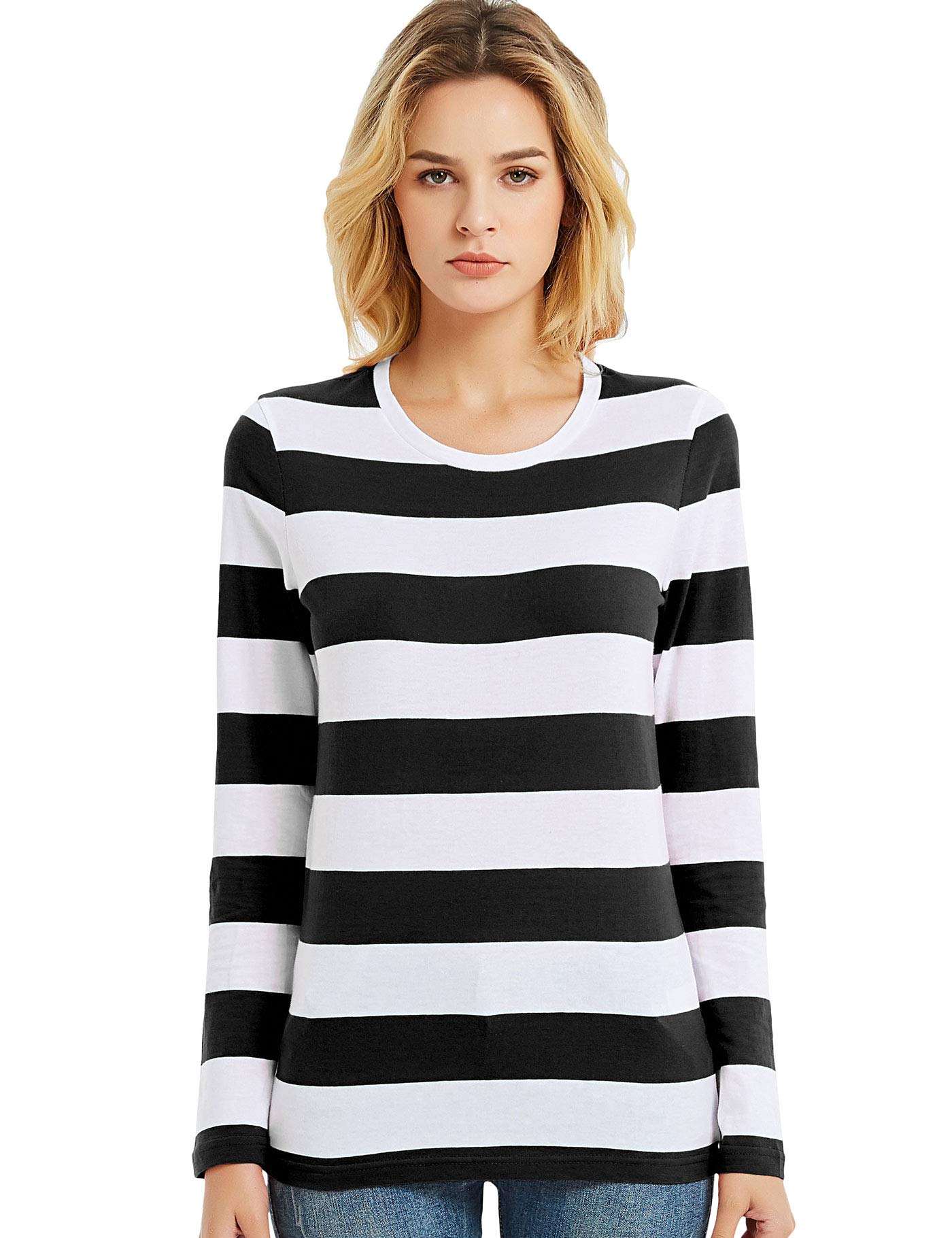 Long Sleeve Tops Women Wide Striped T Shirts Round Neck Black White Stripe Tee M