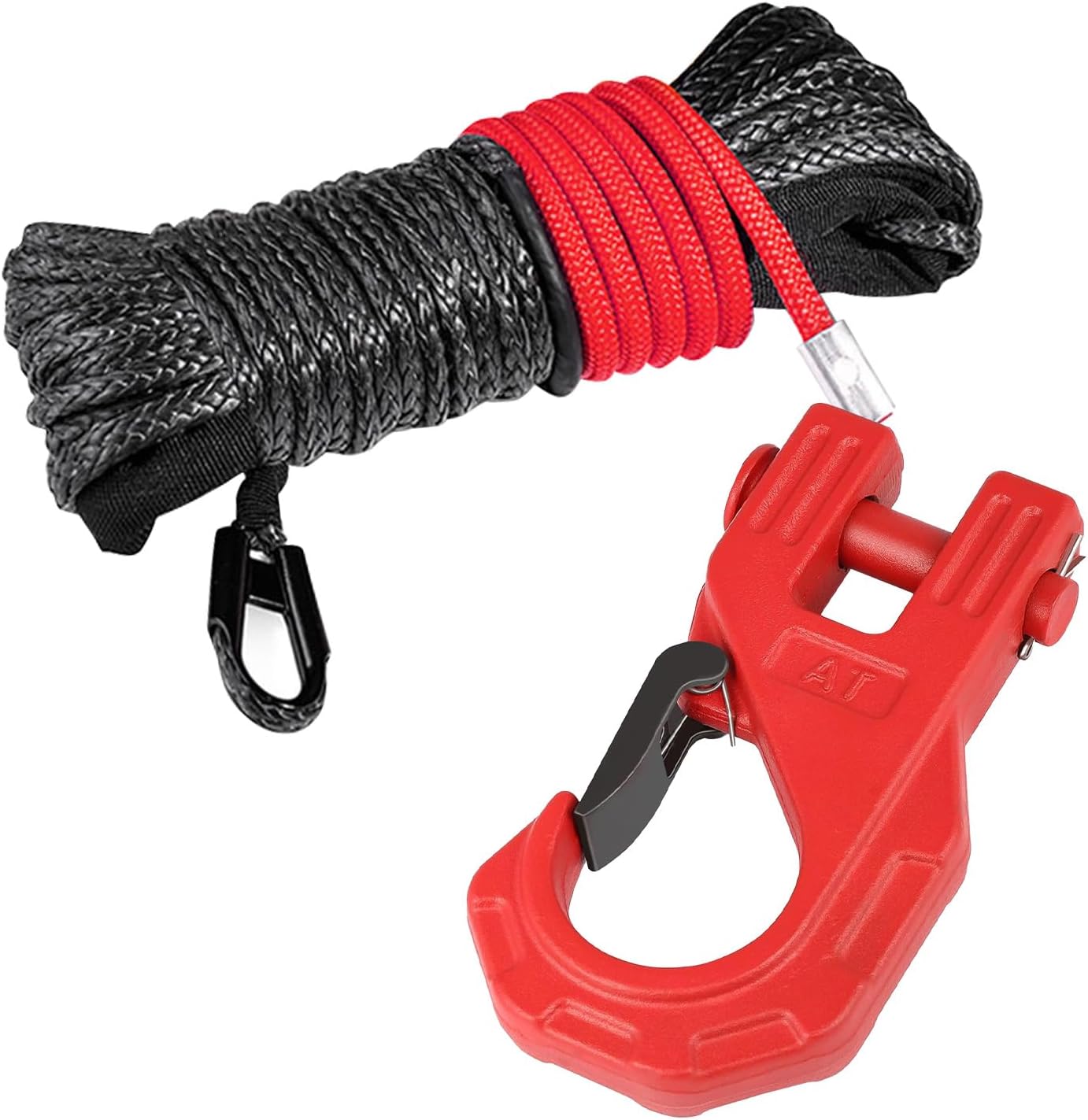 3/8" Synthetic Winch Rope x 45ft, Winch Rope with Forged Winch Hook, Max 25,000lbs Strength, Heavy Duty Hook and Safety Pull Strap for Off-Road Vehicle, UTV, SUV (Red)