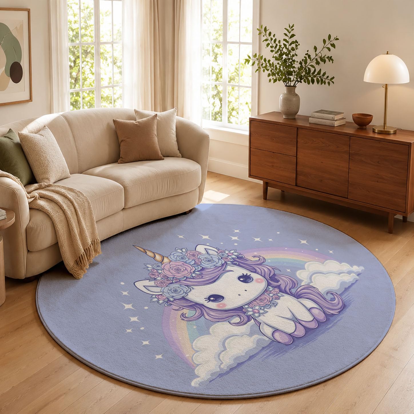 Alfombra Salon Redonda Cuento Hadas Ensueño 160cm - Tapetes de Pelo Corto Suave Arcoíris Caballo Blanco Alfombras de área Antideslizantes y Lavables para Dormitorio y Comedor, Morado Claro