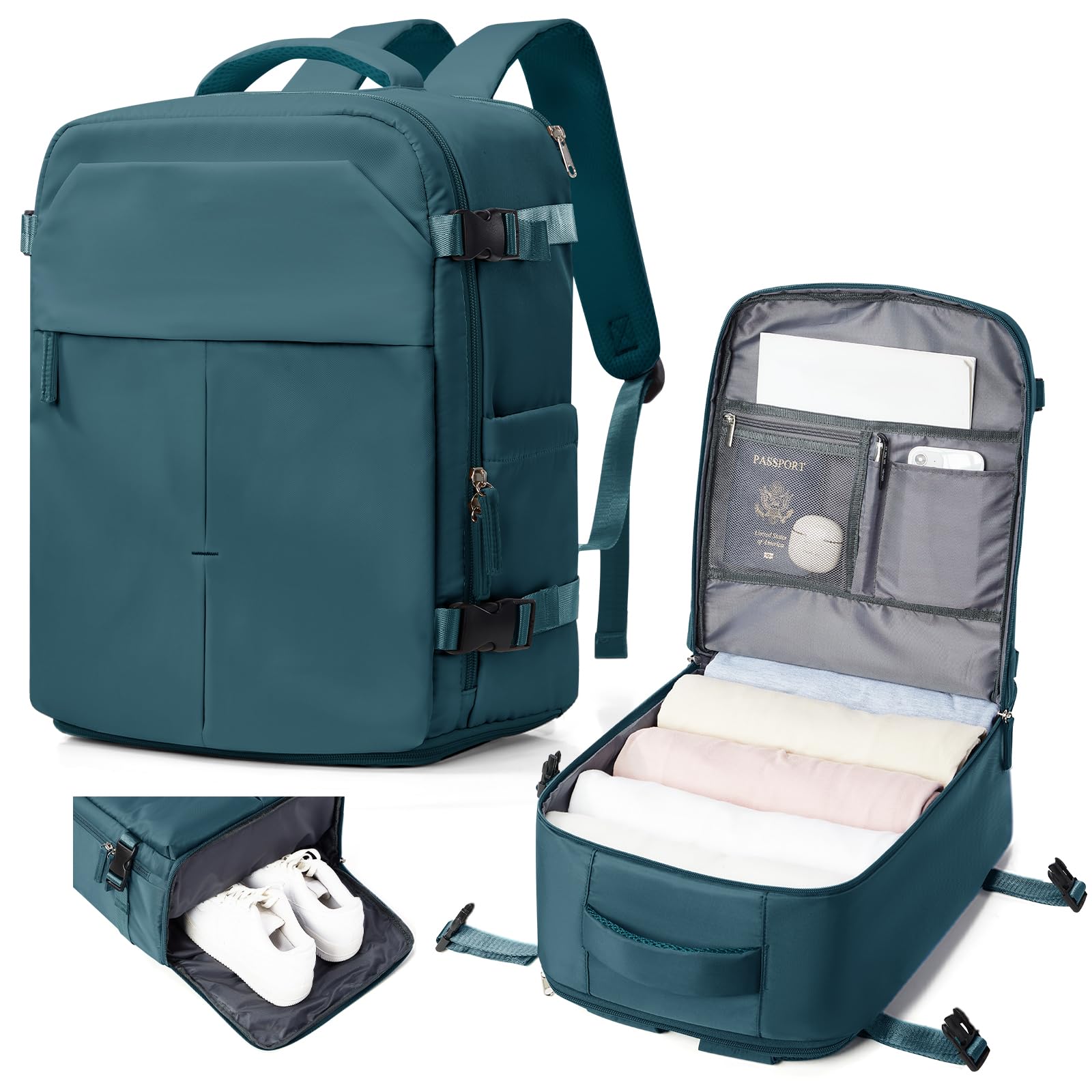 suradar Bagage Cabine 40x30x20 Sac Ryanair Sacs a Dos Voyage Cabine Avion 40x30x20 pour Wizzair Eurowings avec Compartiment à Chaussures Sacs à Dos Ordinateur Portable 14 Pouces Homme Femme Bleu paon
