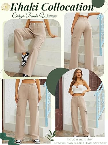 Miniatura 2 de QYANGG - Pantalones cargo de cintura alta elásticos para mujer, holgados, múltiples bolsillos, ajuste relajado, pierna recta y ancha, pantalones Y2K