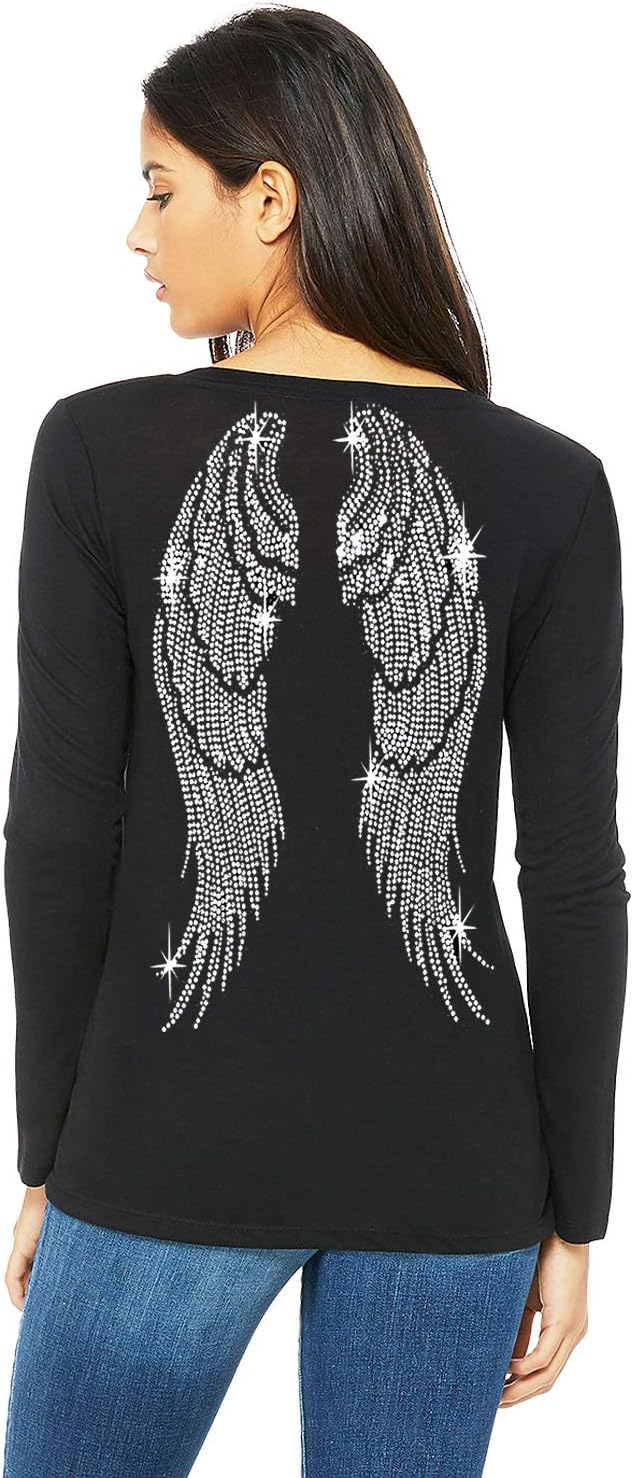 Angel Wings Rhinestone Bling Womens V Neck Long Sleeve Tee Shirt - Image 2
