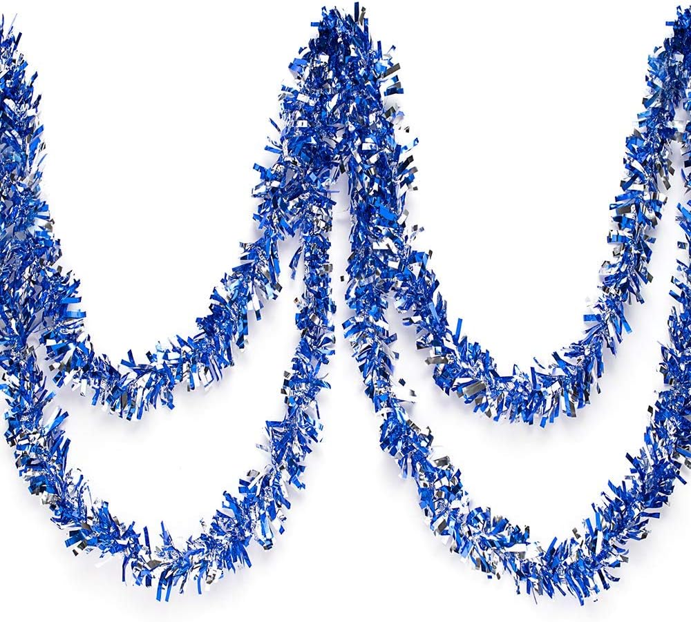 Anderson's Metallic Blue & Silver Tinsel Twist Garland 25ft - Shimmering Christmas Tree Trim, Parade Float Decor, Indoor Outdoor Party Garland