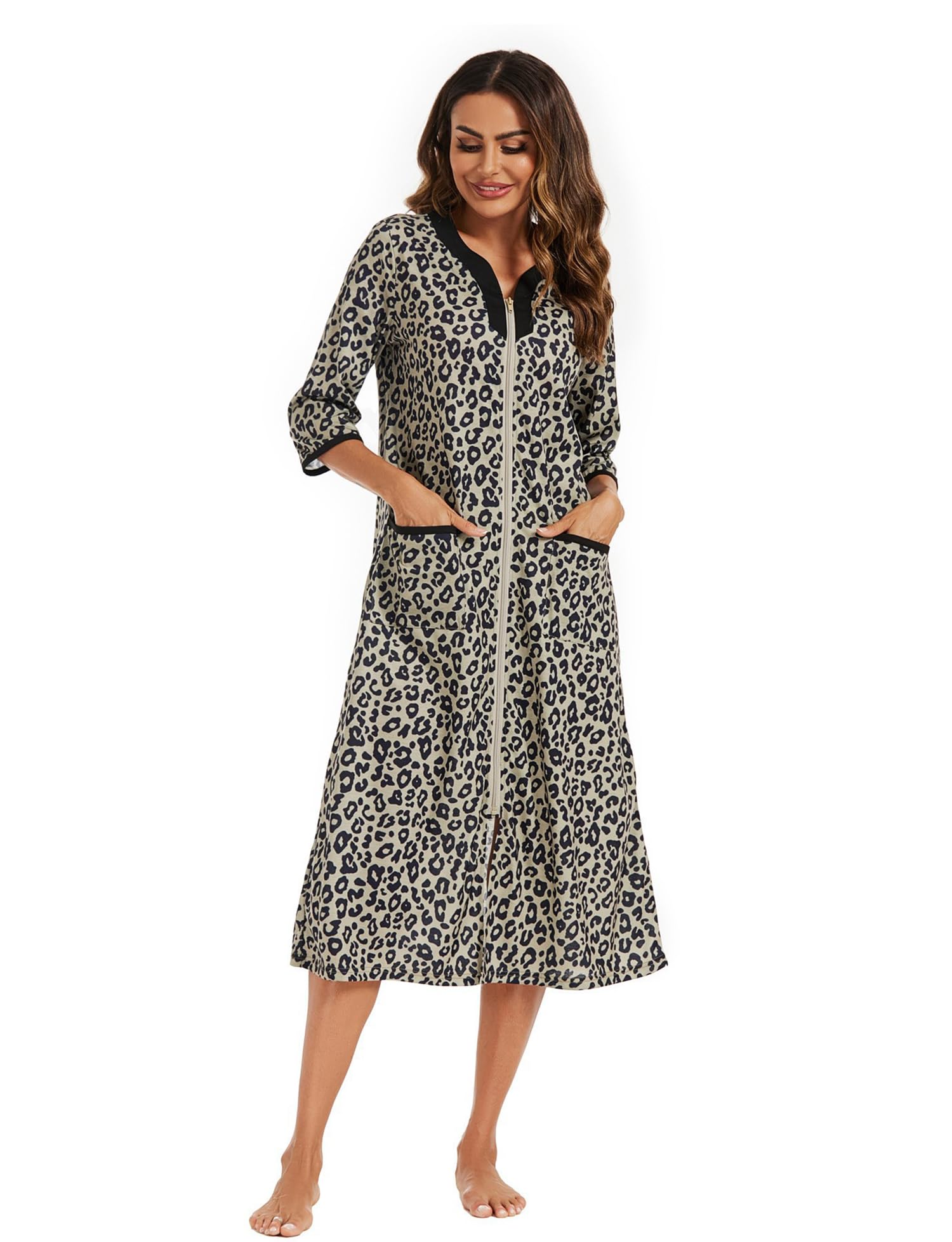 Verve Jelly Bata de baño con cremallera para mujer, manga 3/4, estampado floral, ligera, con bolsillos, ropa de descanso para mujer