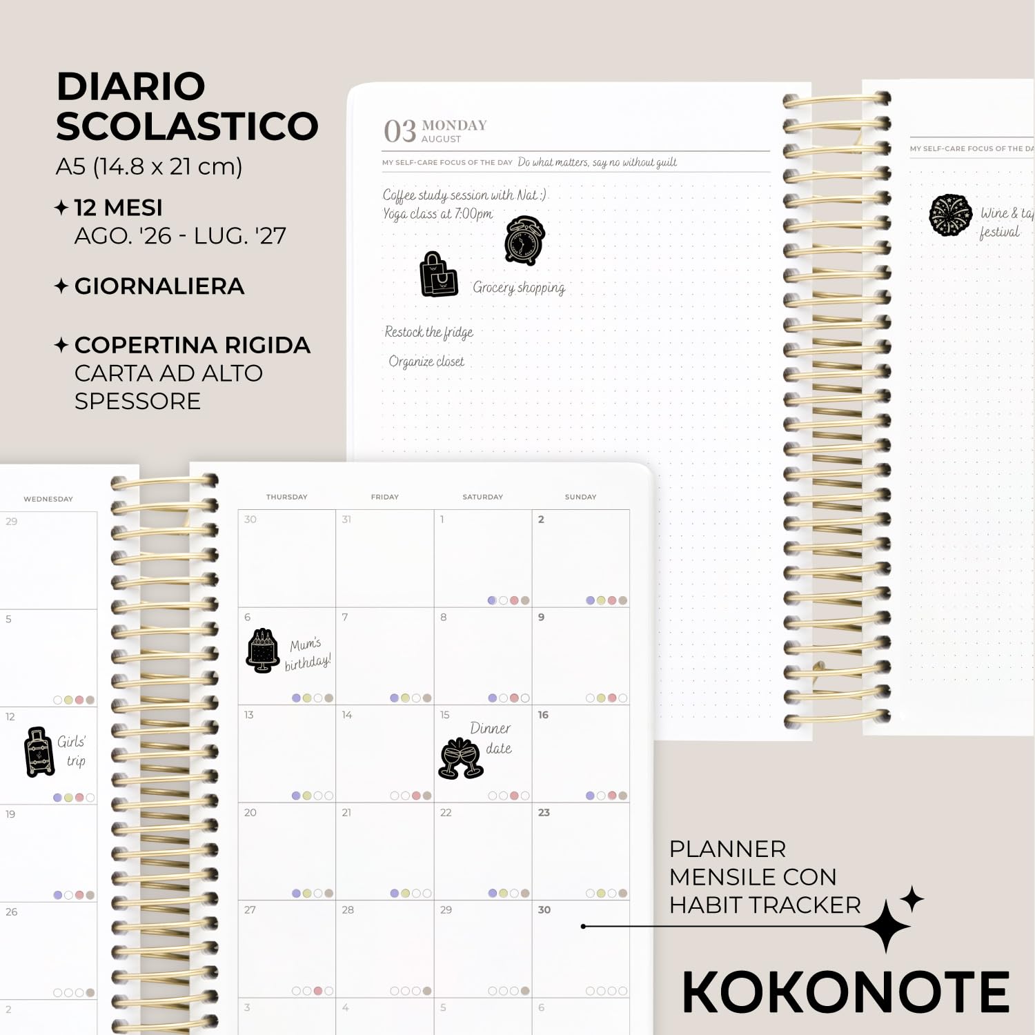 Kokonote Agenda Giornaliera 2026 2027 Seasonal Flowers - Diario Scuola 2026 2027 per Università e Scuola Superiore | Daily Planner con Copertina Rigida, Segnalibri, Stickers e Anelli Rinforzati