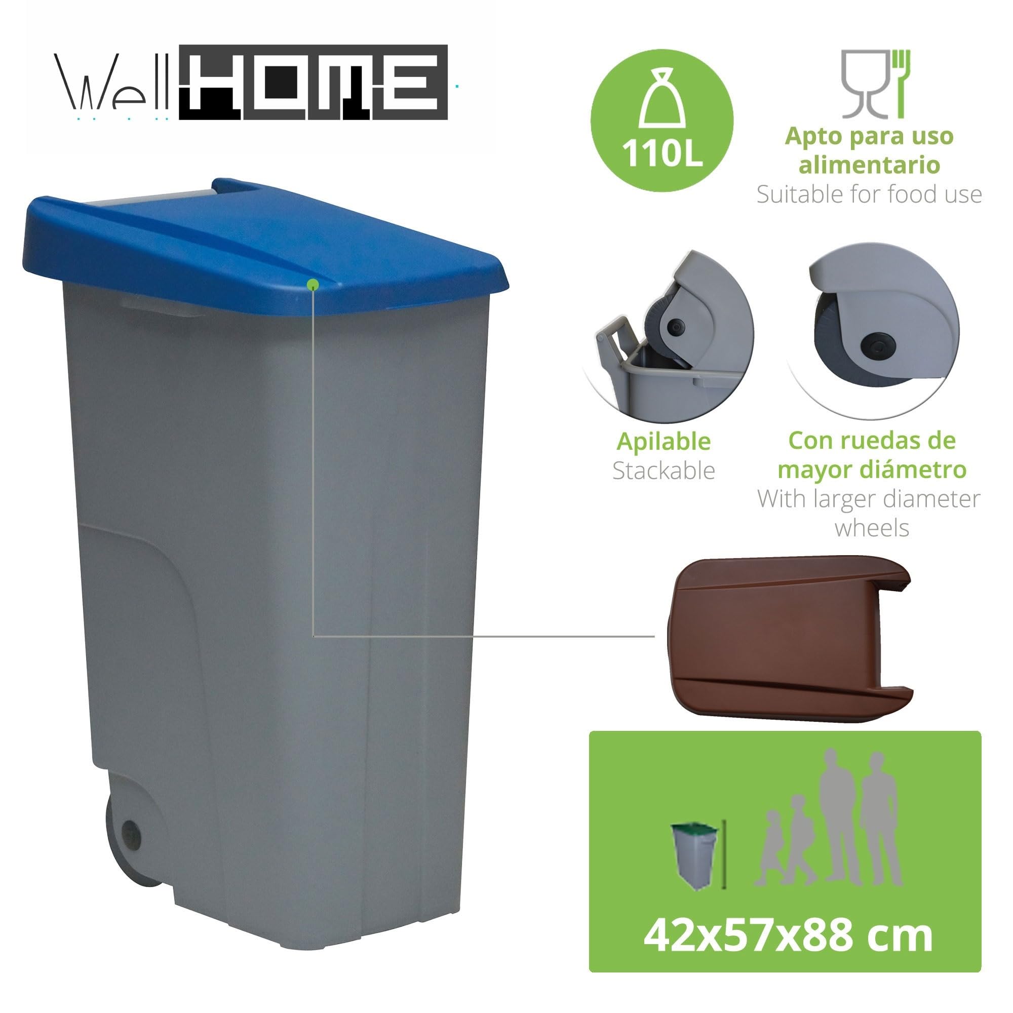 WELL HOME MOBILIARIO & DECORACIÓN Contenedor Cerrado 110L Azul H.88cm + Rollo 10 bolsas de basura 120L