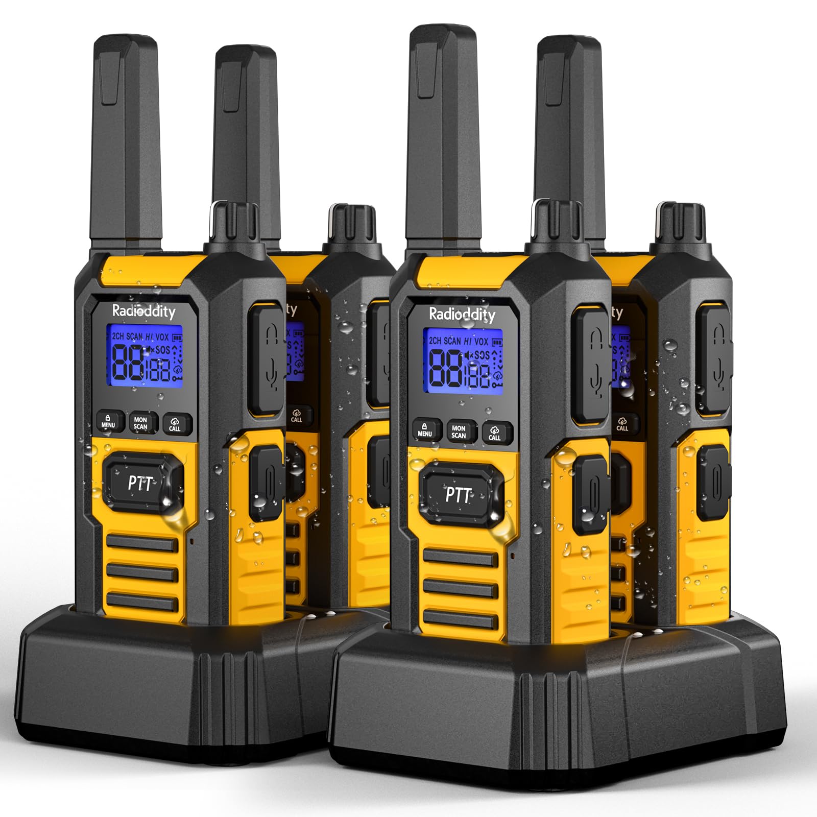 Radioddity HD-1 IP67 Heavy Duty Walkie Talkies, Waterproof Dustproof Shockproof Long Range Two Way Radio with One-Key Group Call, Vibrate Alert, SOS, Dual PTT, Base & USB-C Charing, 4 Packs