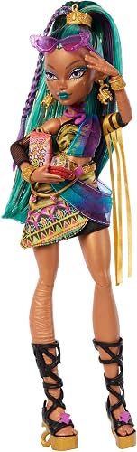 Monster High Nefera De Nile Doll, Royal Mummy in Dress with Pet Scarab Lavish and 7 Accessories like Purse, Laptop, Sunglasses, Drink and Snacks, JDR48