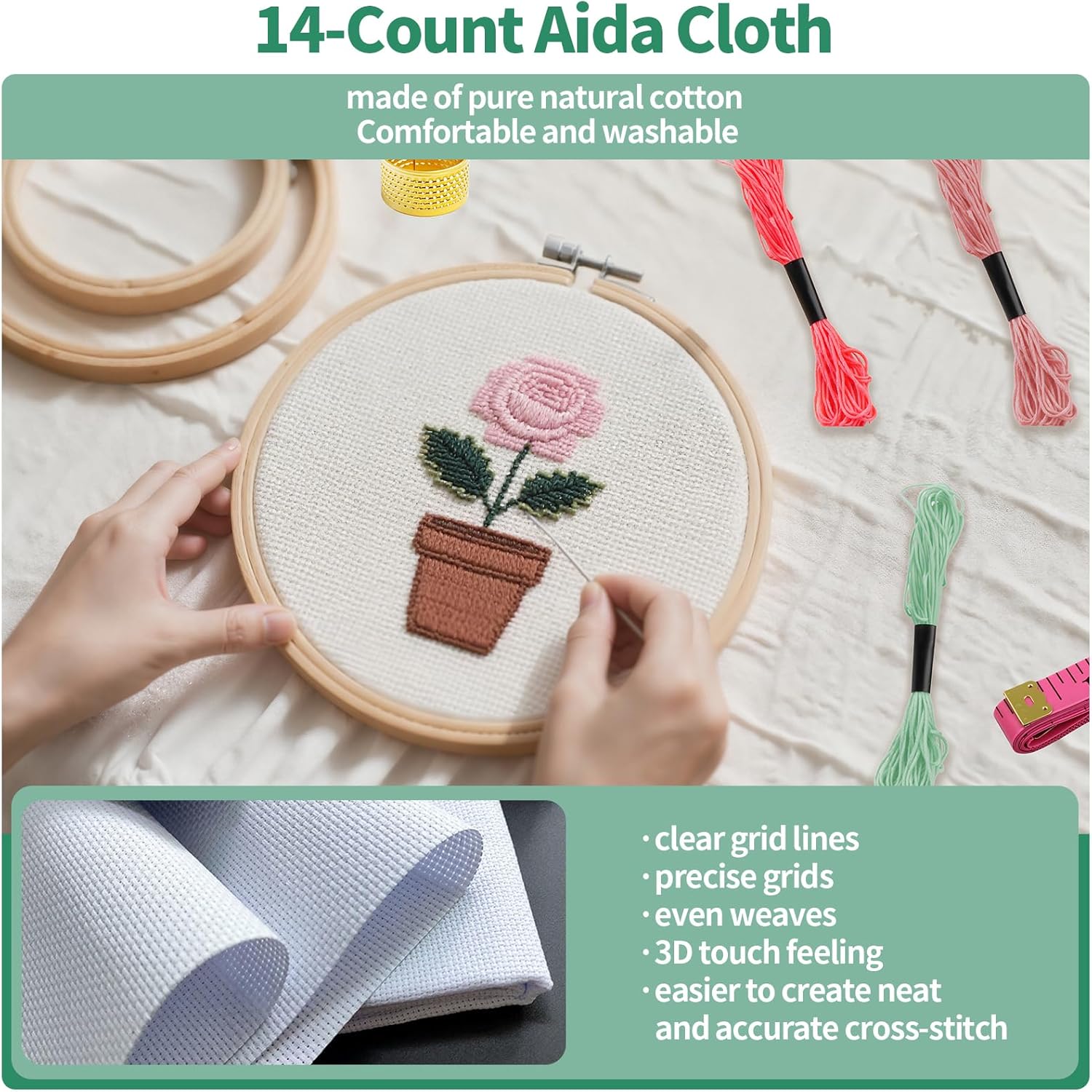 Yauhar 61Pcs Embroidery Kit for Beginners with Needle, Cross Stitch Hoops, 14 Count Aida Cloth, Floss Bobbins, Thread Winder, Thimble, Seam Ripper, Fabric Clips for Craft Embroidery Needlework