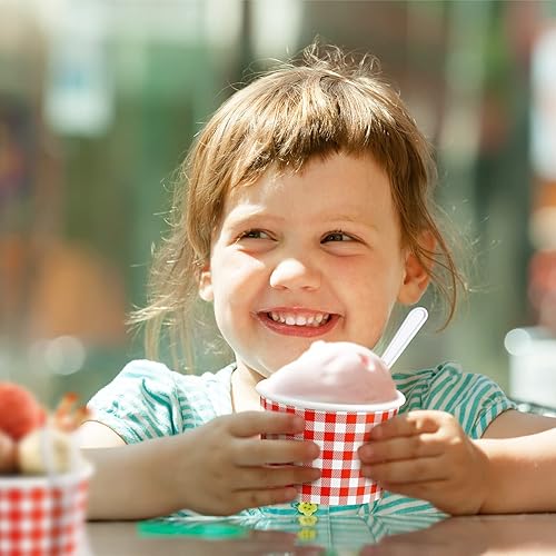 Miniatura 7 de Tessco Paquete de 100 vasos de helado de 12 onzas, tazones de papel desechables para postres para sopa caliente con 100 cucharas a cuadros para