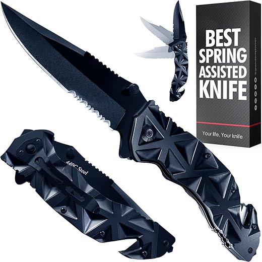 Black Pocket Knife - Serrated Sharp 3,5" Blade Folding Knives - Spring Assisted EDC Tactical Hunting Camping Knofe with Wire Cutter Glass Breaker and Pocket Clip for Men Women - Best Gift Idea HB 207