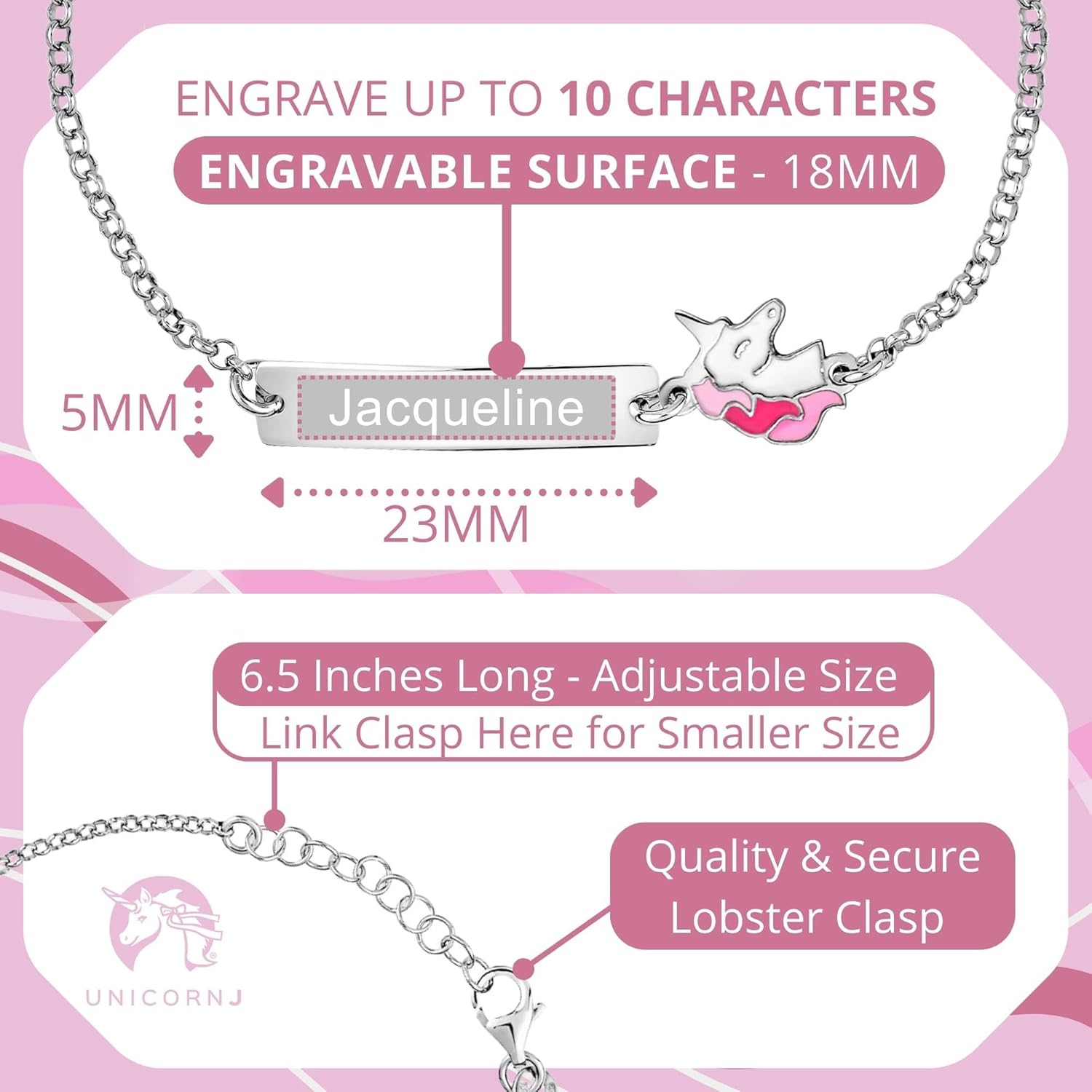 UNICORNJ Sterling Silver 925 Engravable ID Bracelet Rolo Chain for Girls Heart with Pink Enamel 6.5"