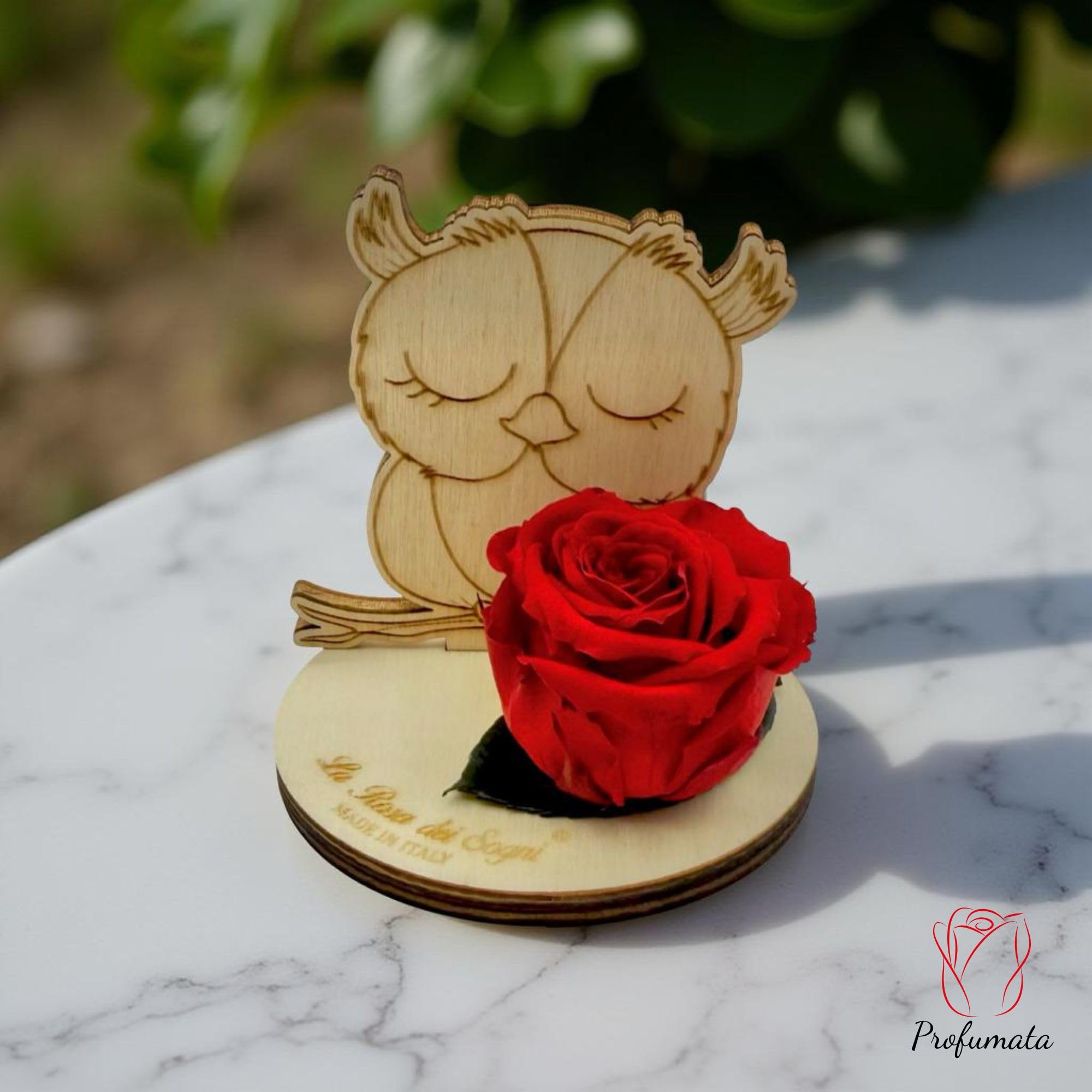 Rosa Stabilizzata con Gufo in Legno Intaglio Laser– Fiore Naturale a Lunga Durata, Scatola Elegante – Made in Italy (Giallo)
