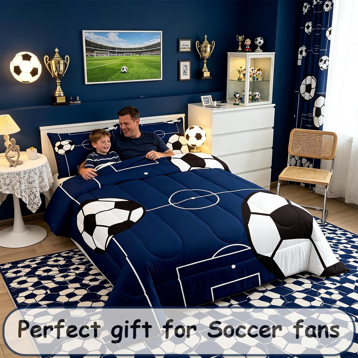jejeloiu Football Comforter Set Queen Size Kids Soccer Ball Pattern Comforter for Boys Girls Teens Sports Theme Bedding Set Breathable Football Court Duvet Set Room Decor Quilt Set