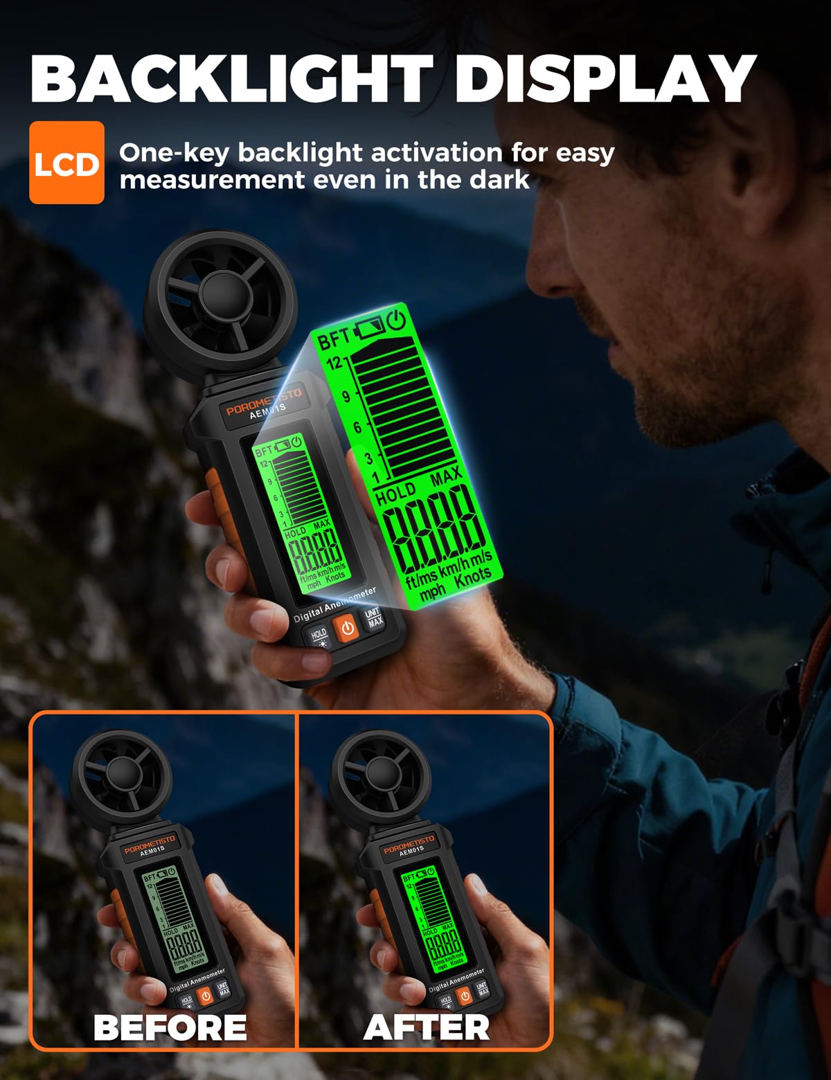 Portatile Anemometro POROMETISTO,3 scale di allarme misurazione, Schermo retroilluminato verde, 12 unità di misura,misuratore della velocità del vento
