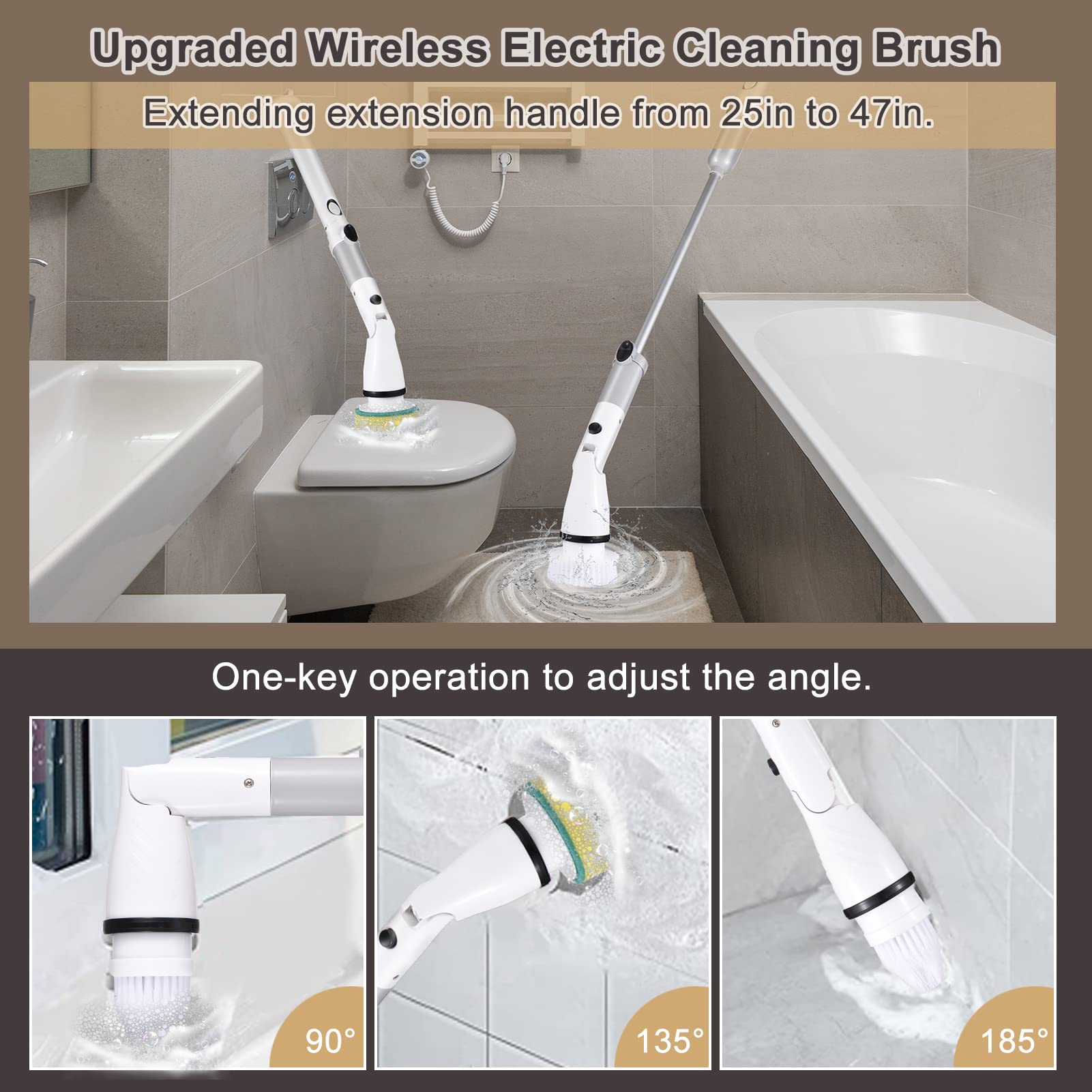 Kavolet Cepillo de limpieza eléctrico con mango ajustable, juego de mopa, 4 cabezales de cepillo, batería de 4000 mAh para cocina, baño, pared, ventana, suelo