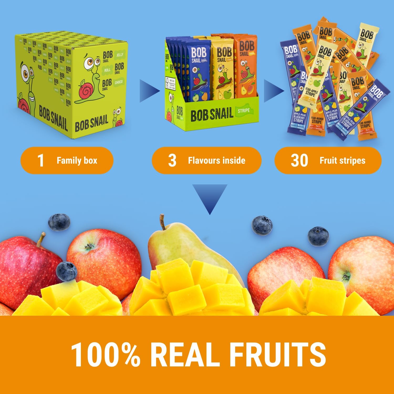 Barres Multi-Fruits Bob Snail Vegan – 30 Collations Saines Fraise Poire Ananas Framboise Pomme