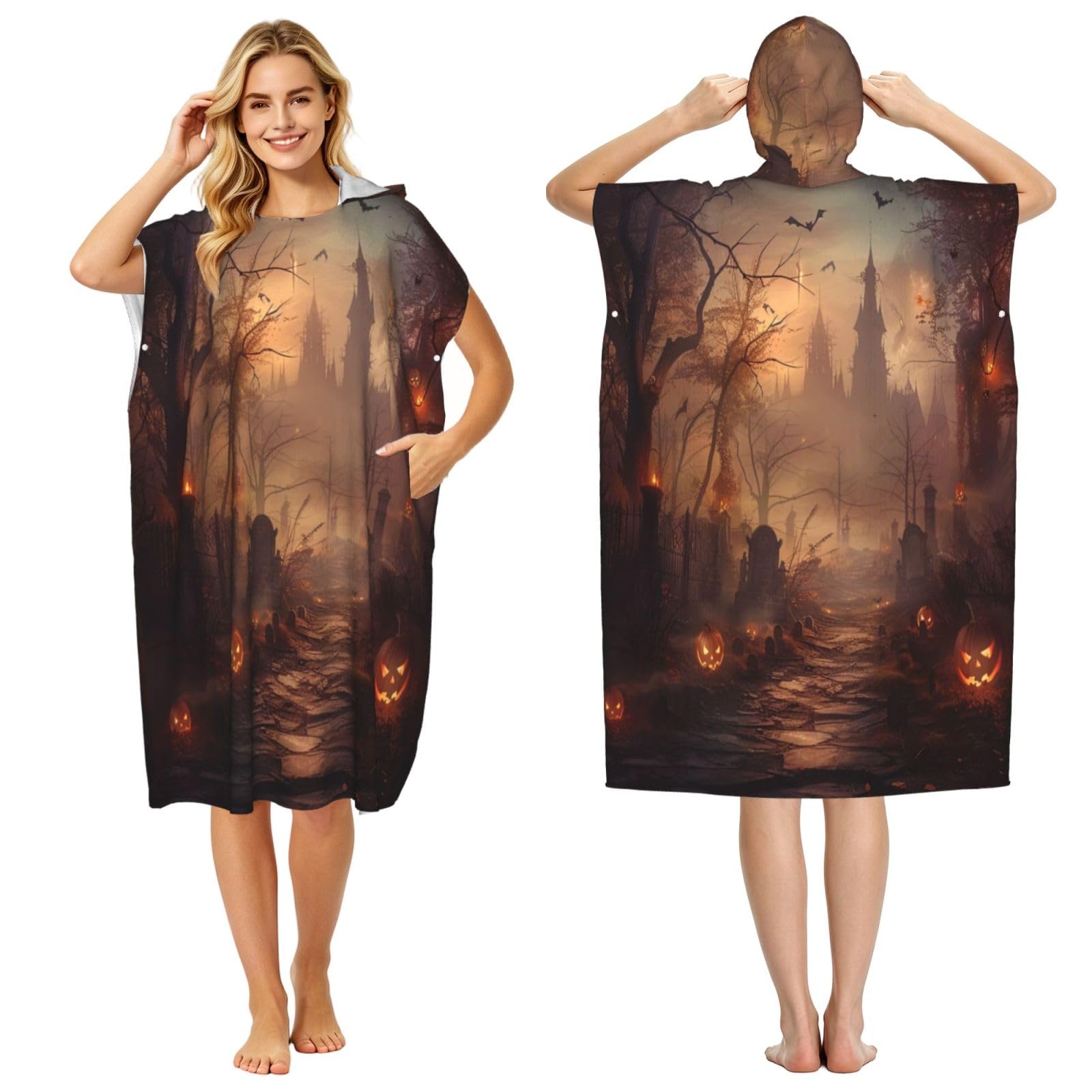 KLGRTJHK Halloween Adult Hooded Beach Poncho Towel 43"X35"