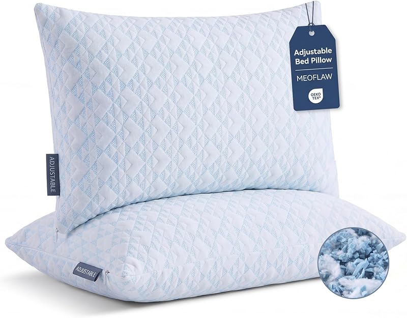 Meoflaw Adjustable Memory Foam Bed Pillows:Queen Size Shredded Foam Pillow Set of 2 for Sleeping with Removable & Washable Pillowcase for Back,Side & Stoamch Sleeper-Medium Firm