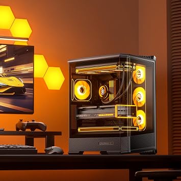 JONSBO D400 Black ATX Mid-Tower Pc Case,Three-Dimensional Beveled Curved Glass Design,Desktop Computer Case, Support BTF Motherboard/ATX Power supply/Dual360 AIO,10 Fan Positions,Black