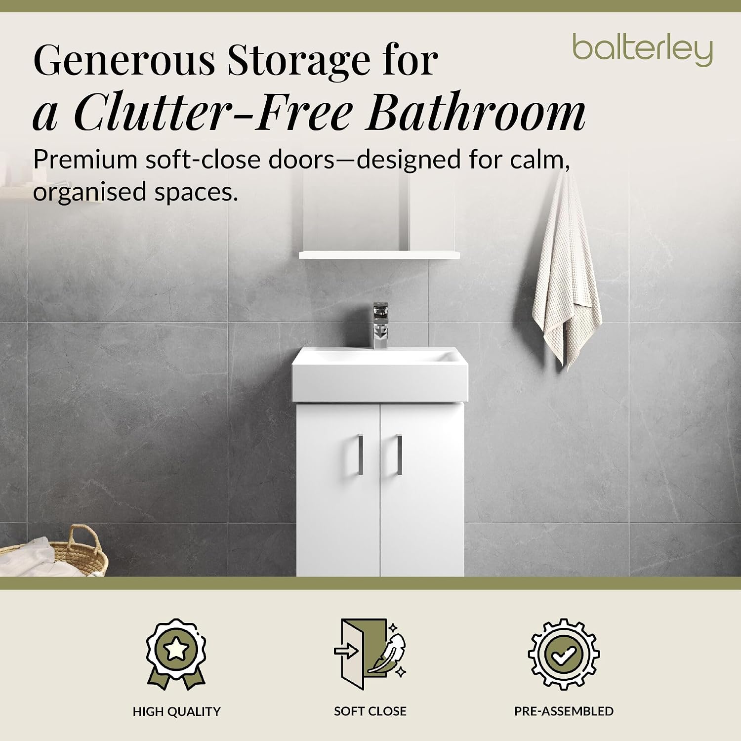 Balterley Vanity Unit with Basin Floor Standing, Soft Close 2 Door with Rectangular Sink, Bathroom Vanity Units with Basin, Bathroom Sink Storage Cabinet – 450 x 330 x 820mm (White)