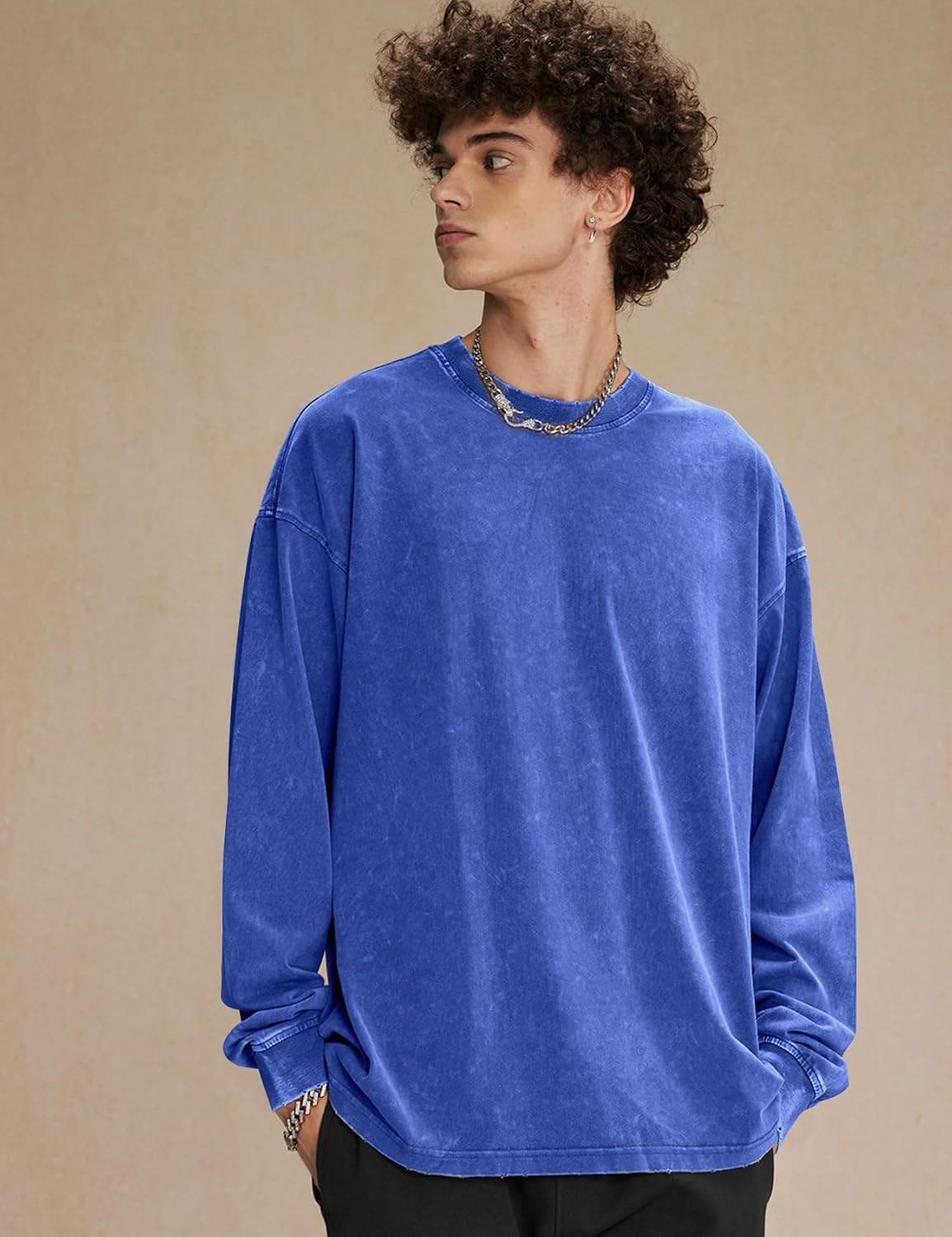 COZYPOIN Men's Acid Wash Tshirts Shirts Oversized Vintage Long Sleeve Pullover Crewneck Sweatshirt - Image 2