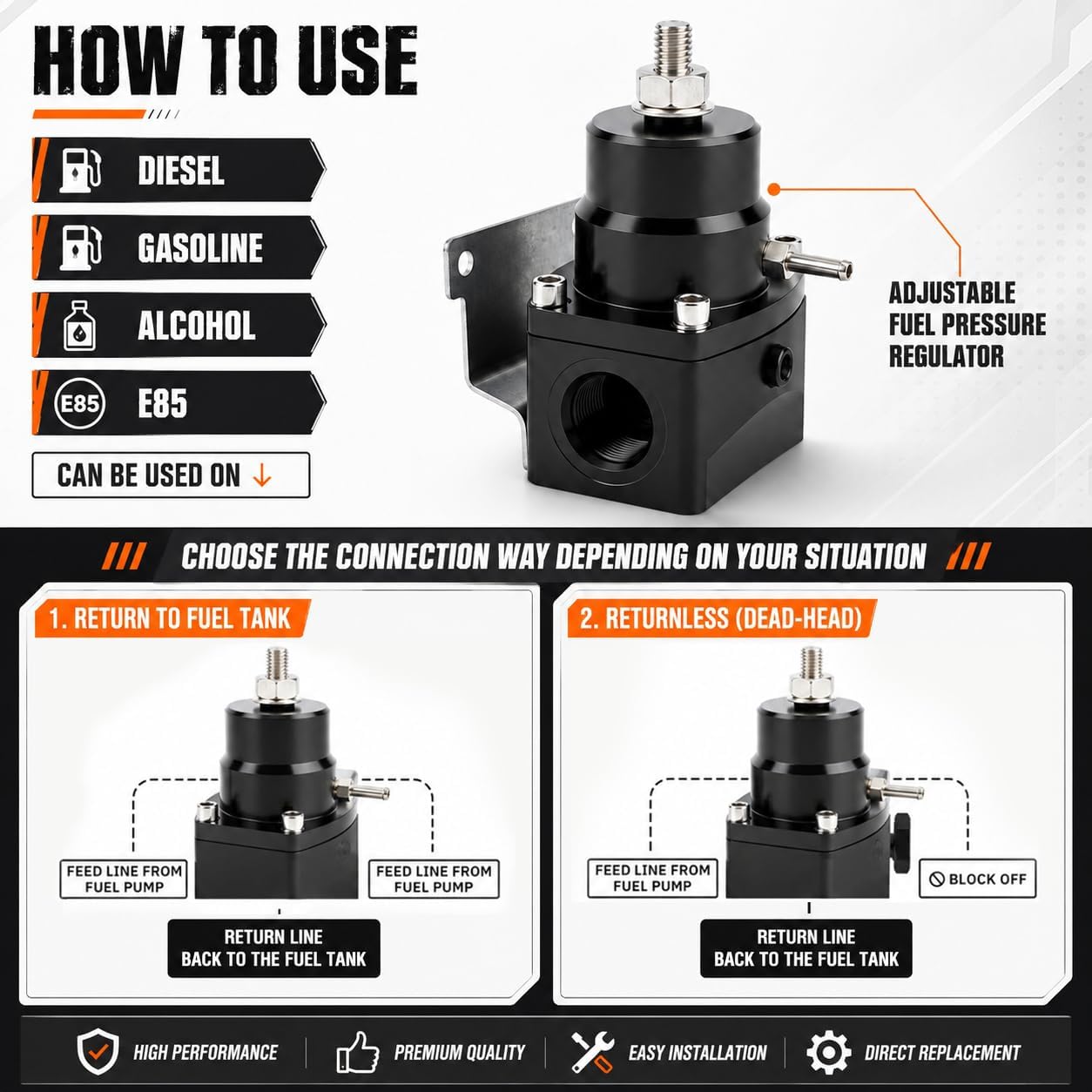 Adjustable Fuel Pressure Regulator Kit with Silver Oil Gauge 0-160PSI, AN8 Feed Fittings, AN6 Return Line, AN8 End Cap for Precise Fuel Control, Black
