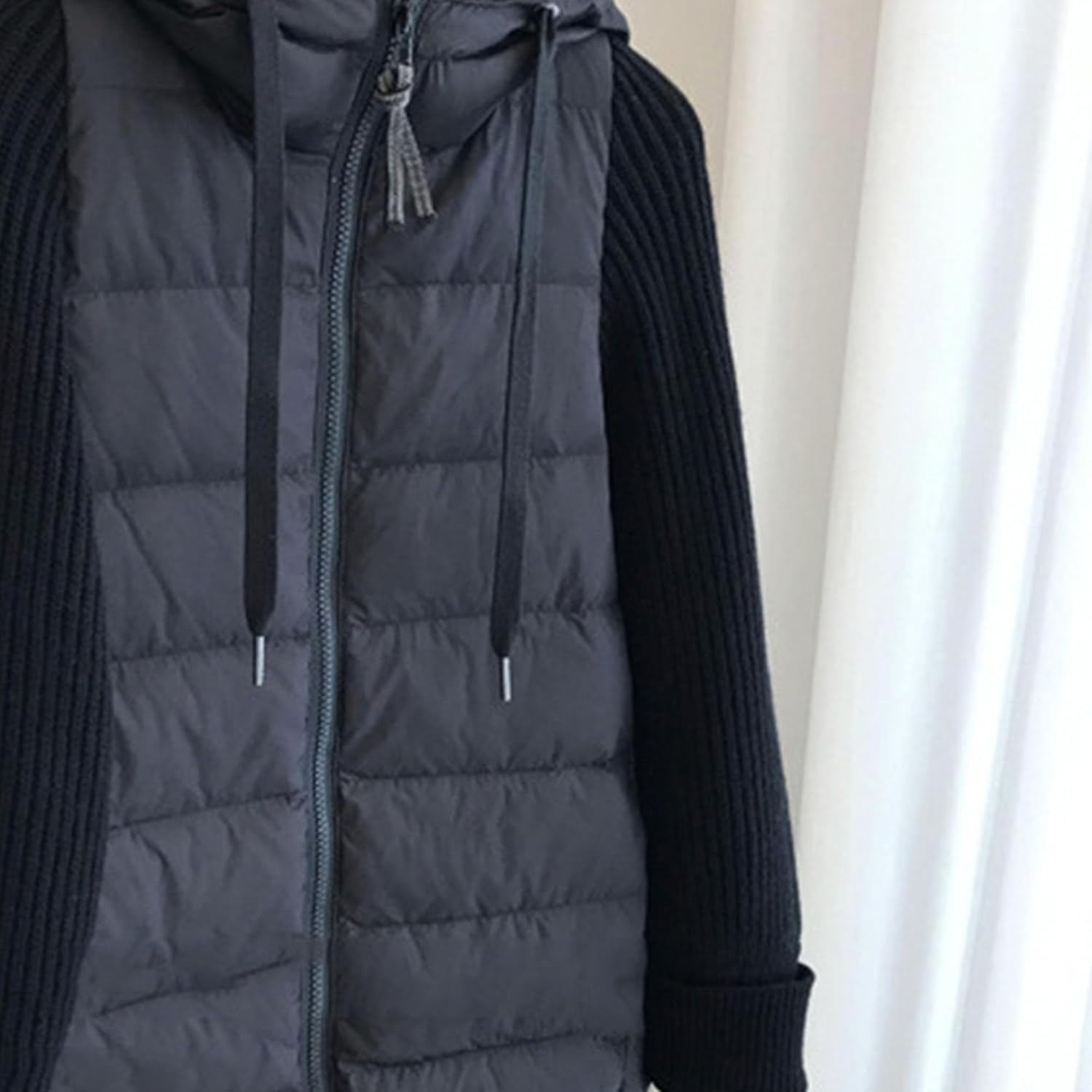 JEsilunmaMY Women's Insulated Knit Puffer Jacket Long Sleeve Zip Up Hooded Padded Jacket Patchwork Knitted Winter Down Jacket - Image 5