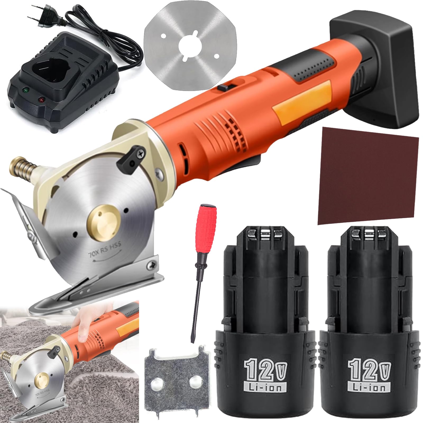Cortadora Cartón, Cortadora Tela Eléctrica Inalámbrica 2*2000 Mah Batería 12V 240W Tamaño Cuchilla 70 Mm 25 Mm Grosor Máximo Corte Incluye 2 Cuchillas Repuesto (3 En Total) Para Tela Alfombra Y Tela