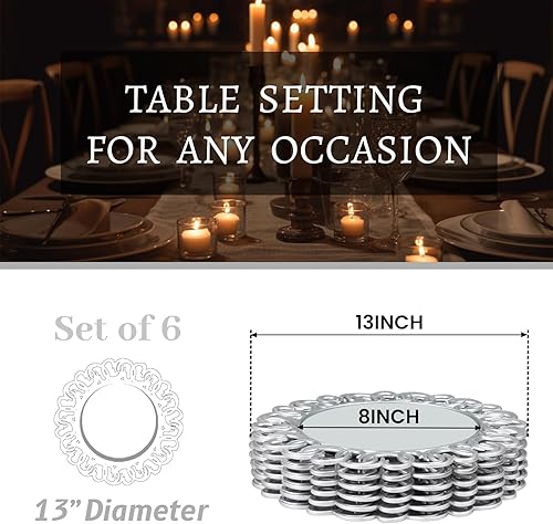 Miniatura 4 de MAONAME Juego de 6 platos de carga plateados de 13 pulgadas, cargadores de espejo para platos llanos, cargadores de platos de plástico con borde de