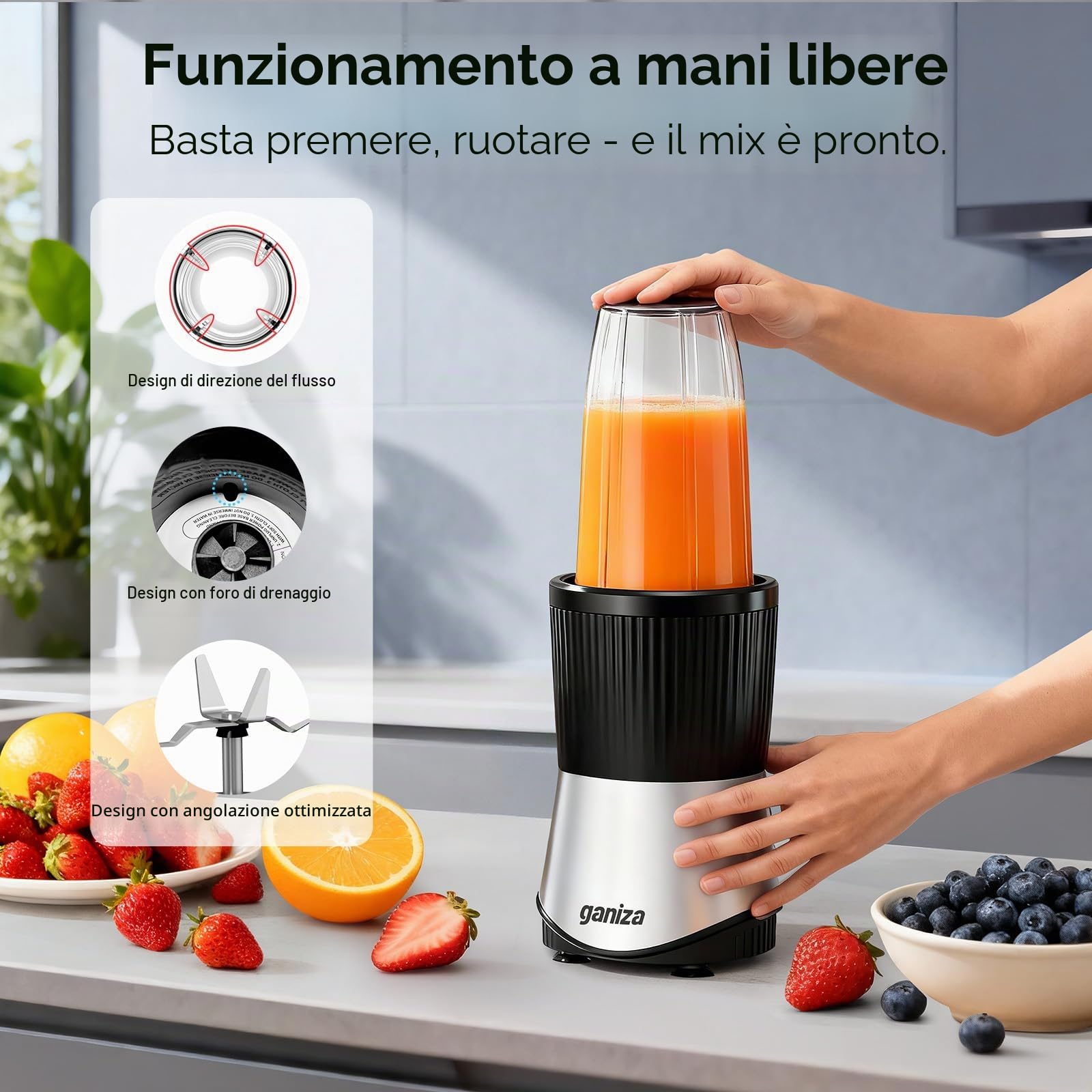 Ganiza Smoothie Maker, Mini Standmixer da 900W, Mixer con 25.000 giri/min, 3 Bicchieri Tritan da Asporto (300ml & 500ml & 700ml), 4 Lame Asimmetriche, per Ogni Tipo di Frullato e Smoothie, Argento